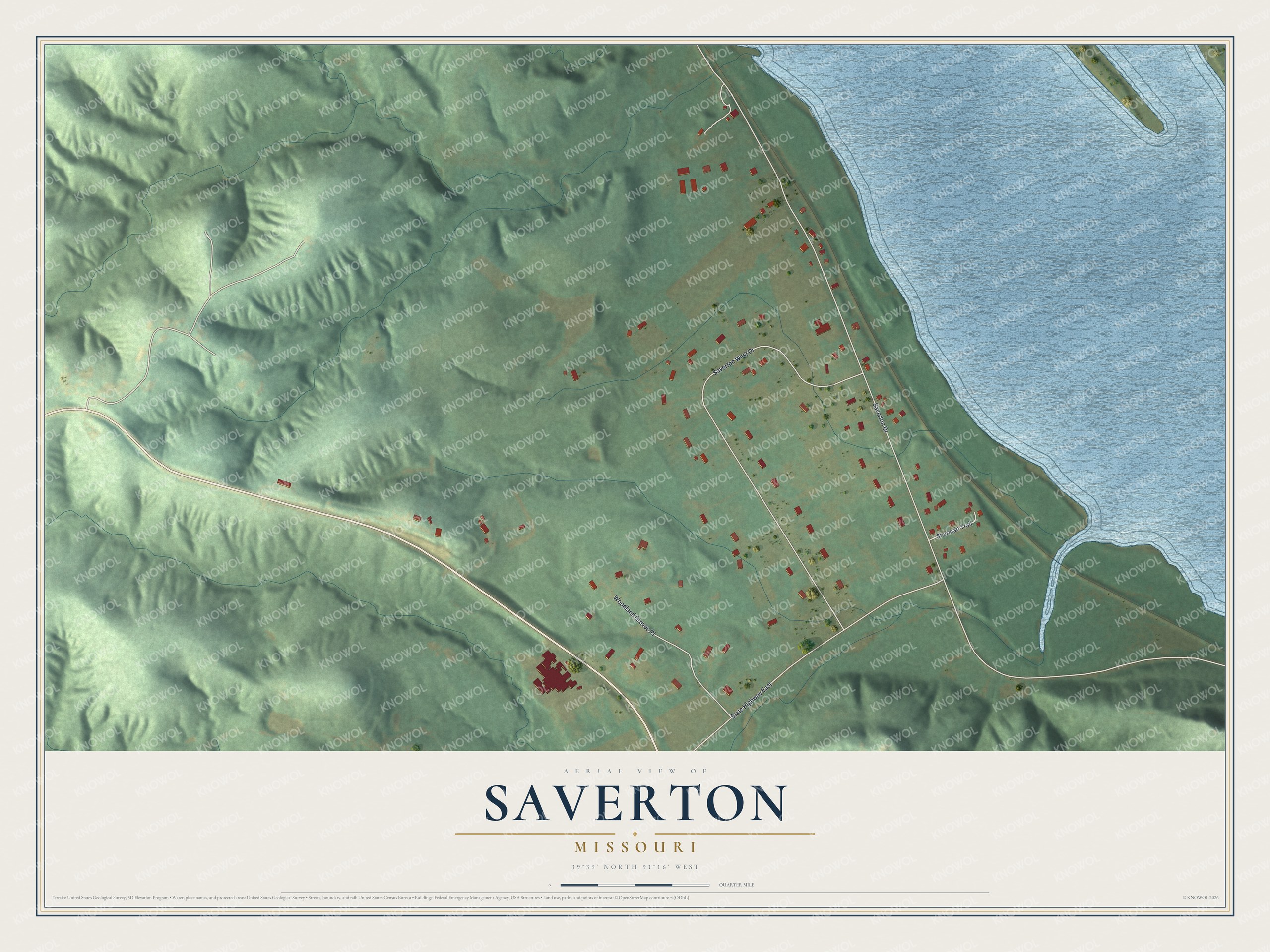 Full map of Saverton, Missouri, with red buildings, printed street names and the land around them