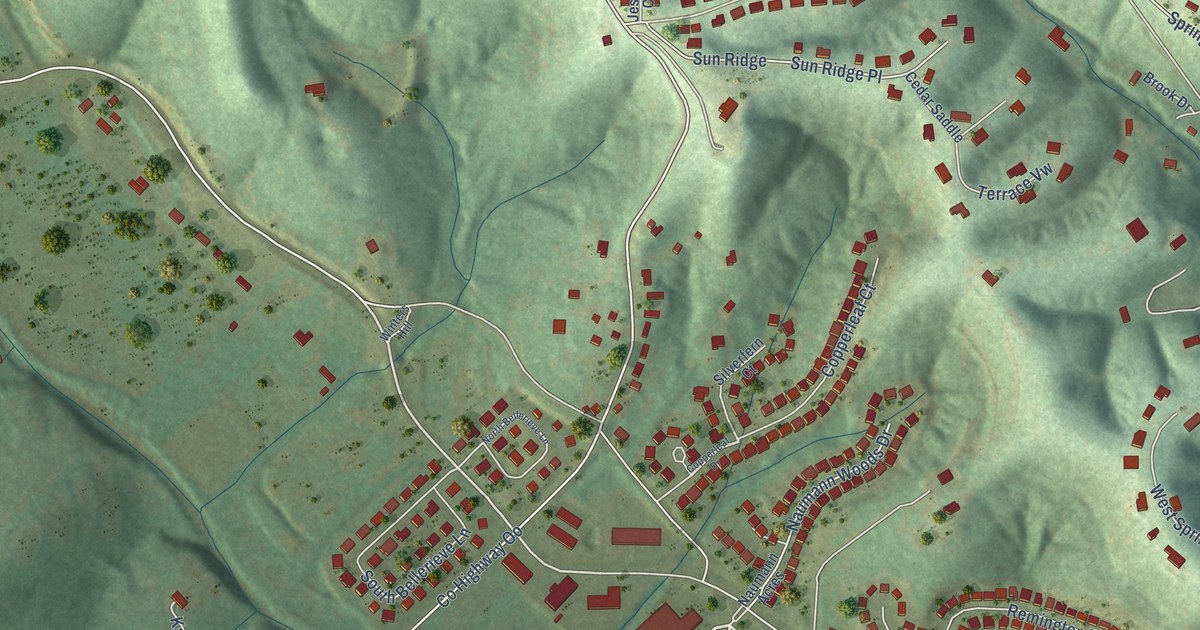 Close-up of streets and buildings in Seckman, Missouri