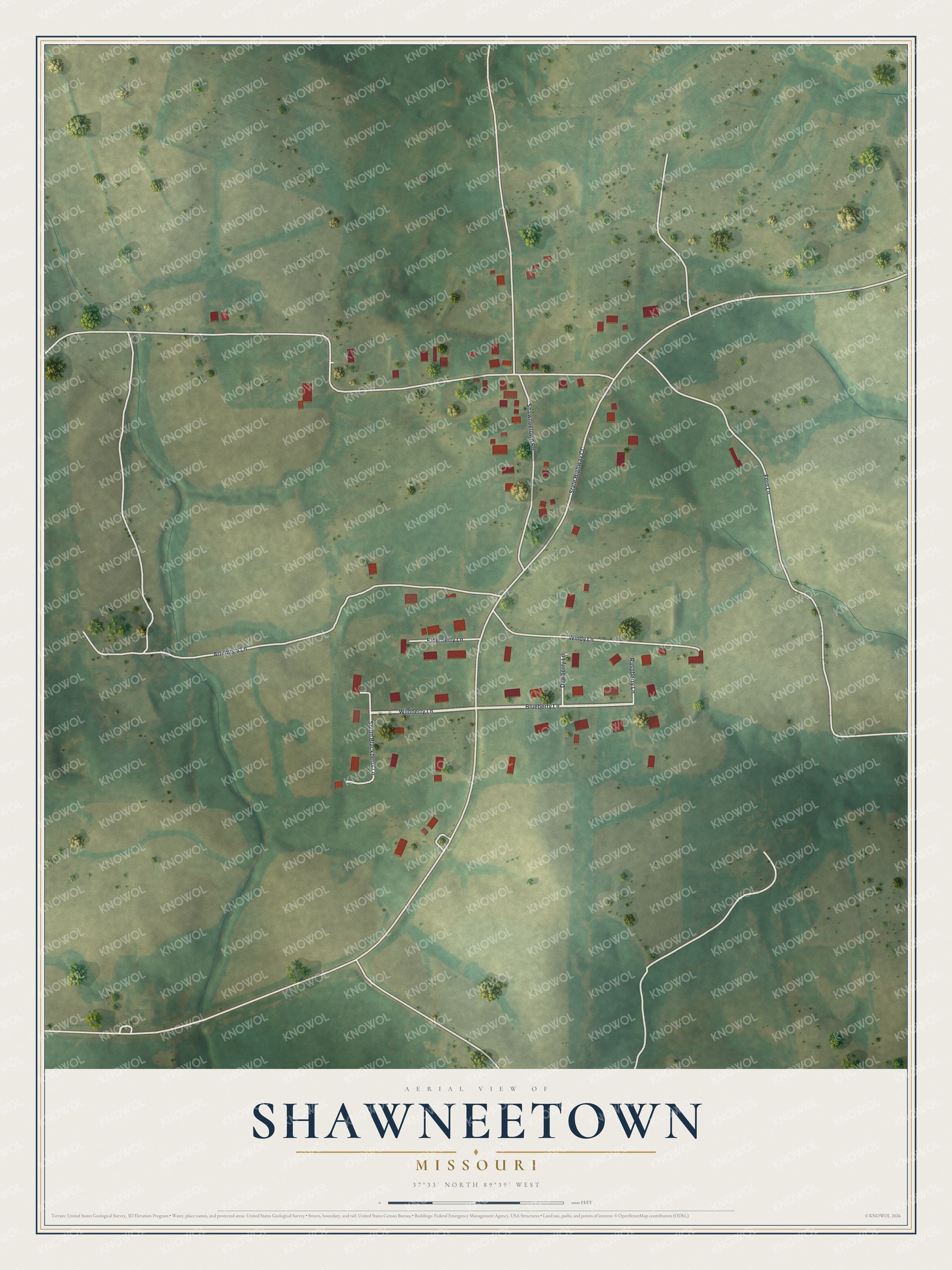 Full map of Shawneetown, Missouri, with red buildings, printed street names and the land around them