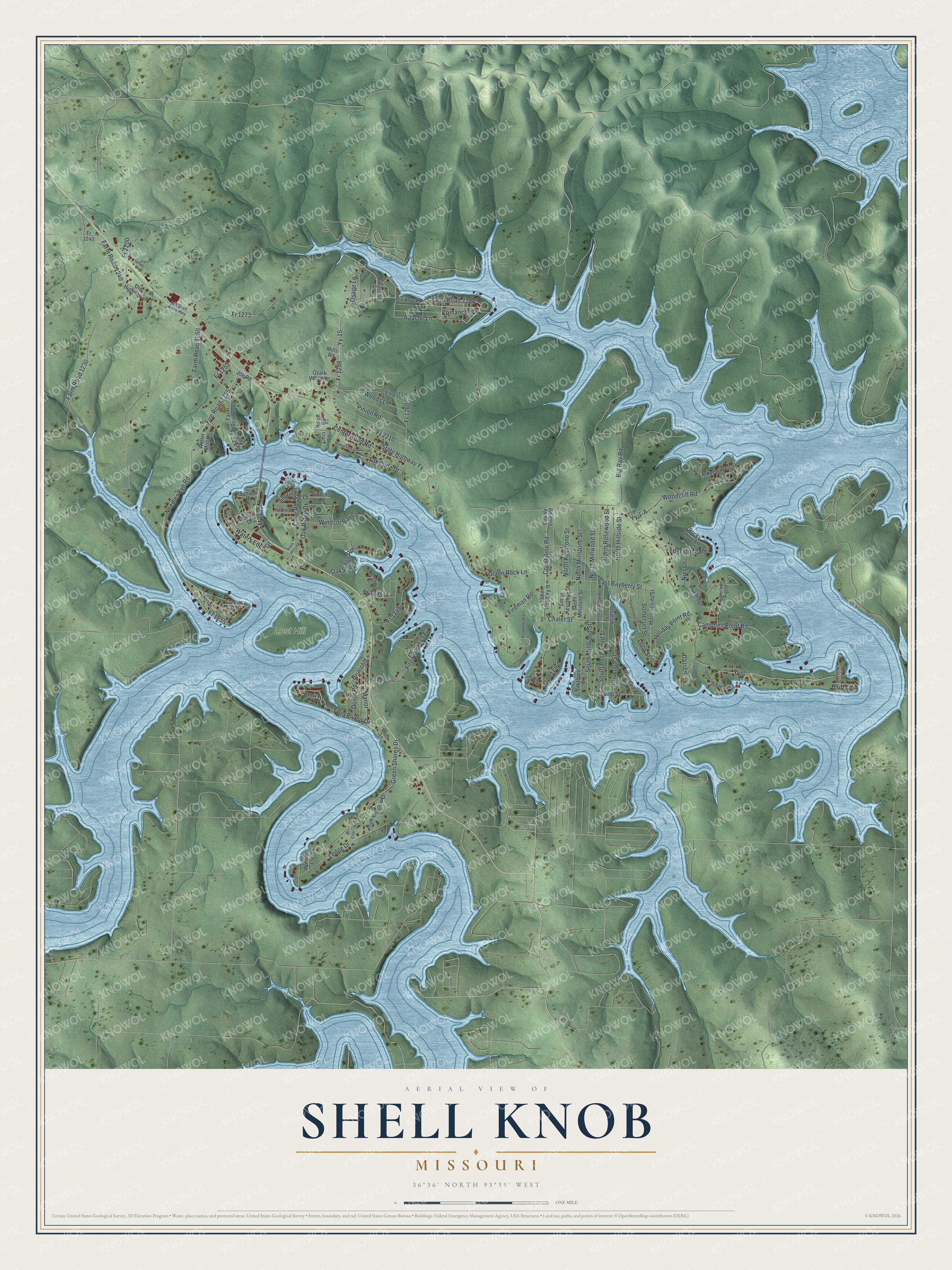 Full map of Shell Knob, Missouri, with red buildings, printed street names and the land around them