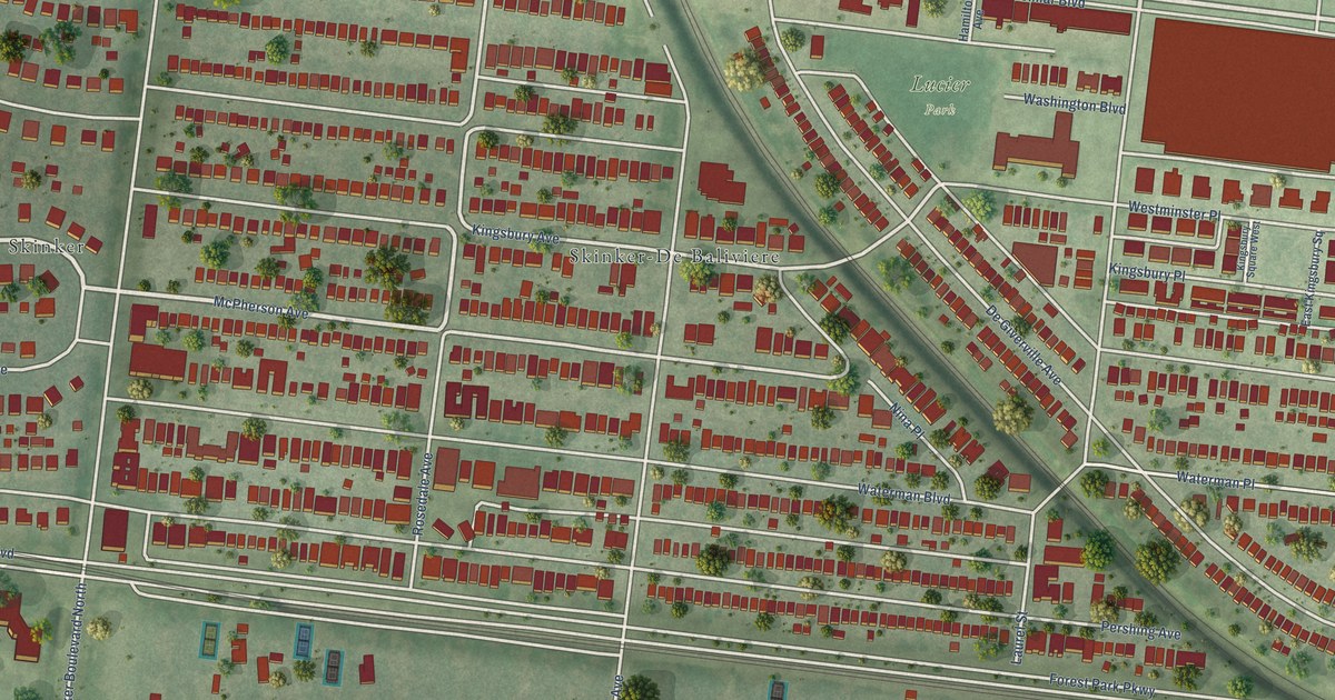 Close-up of streets and buildings in Skinker DeBaliviere, Missouri