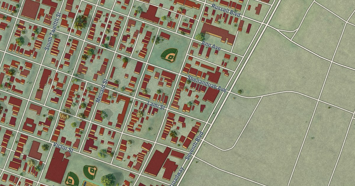 Close-up of streets and buildings in Soulard, Missouri