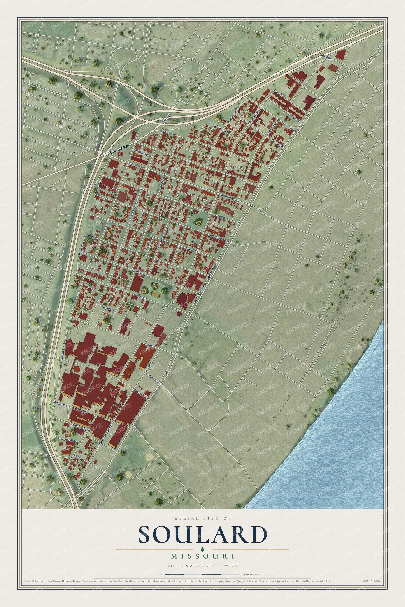 Full map of Soulard, Missouri, with red buildings, printed street names and the land around them