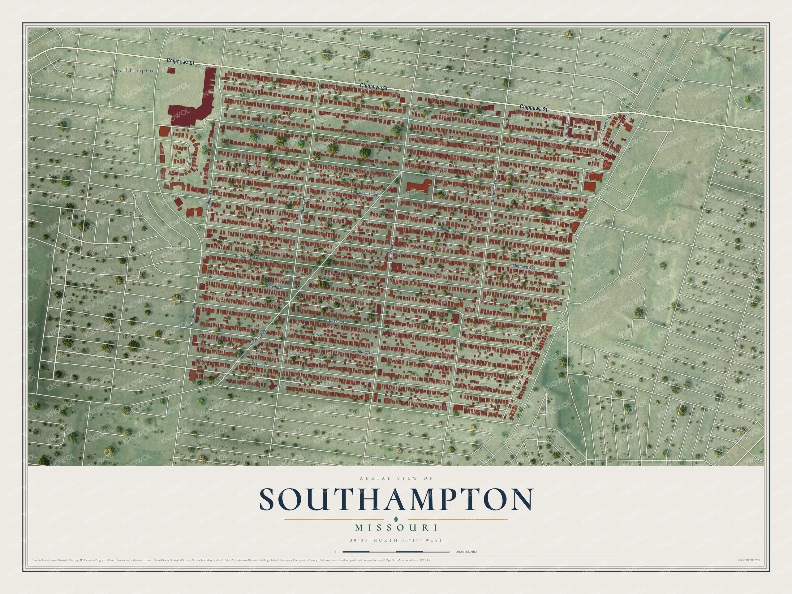 Full map of Southampton, Missouri, with red buildings, printed street names and the land around them