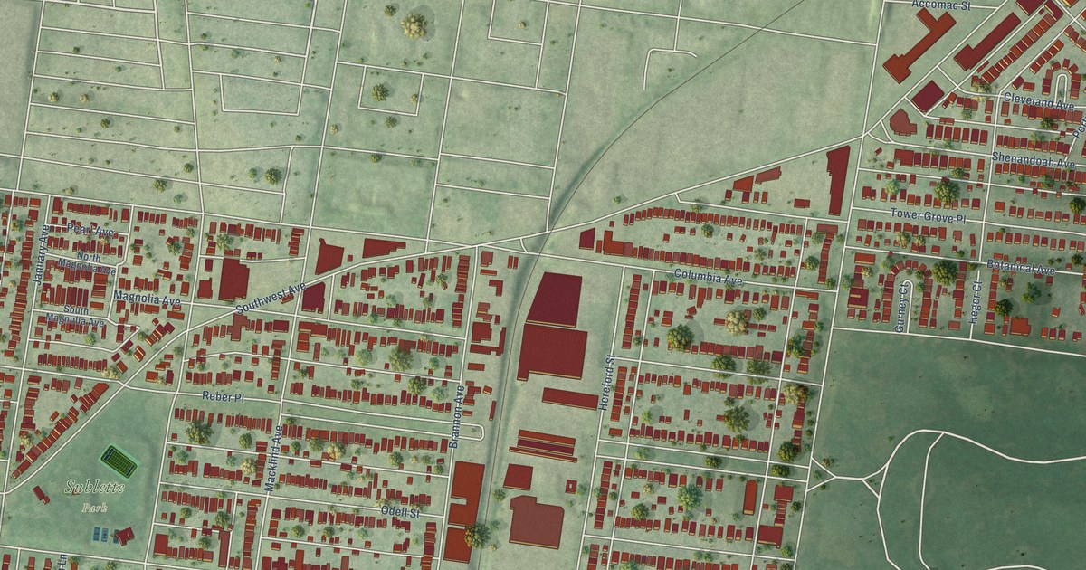 Close-up of streets and buildings in Southwest Garden, Missouri