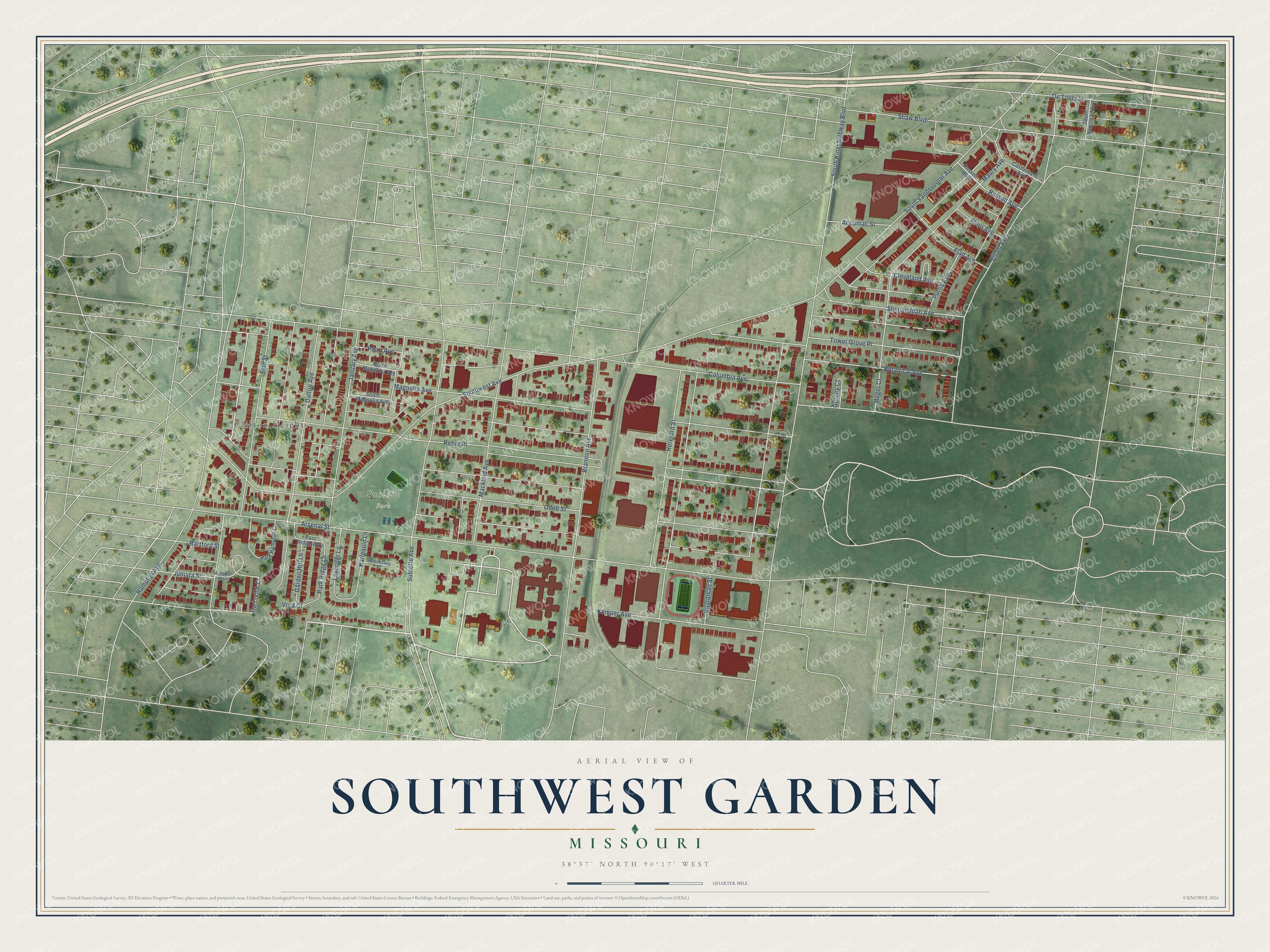Full map of Southwest Garden, Missouri, with red buildings, printed street names and the land around them