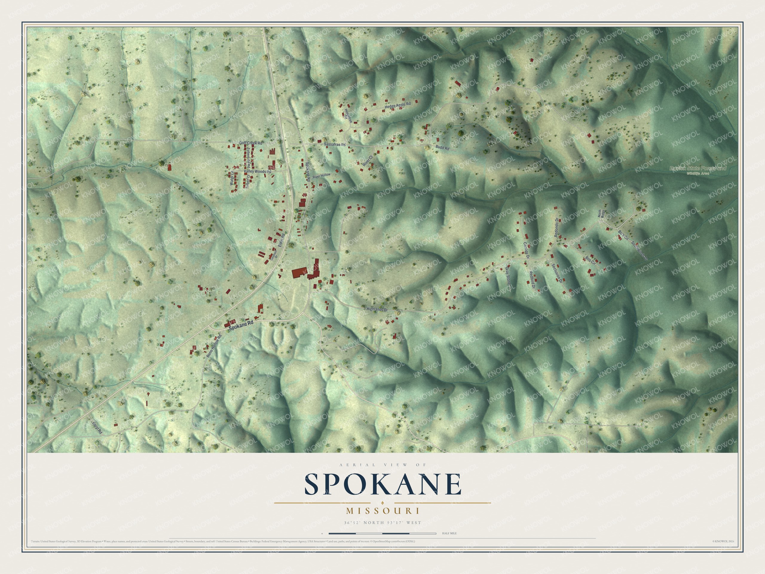 Full map of Spokane, Missouri, with red buildings, printed street names and the land around them