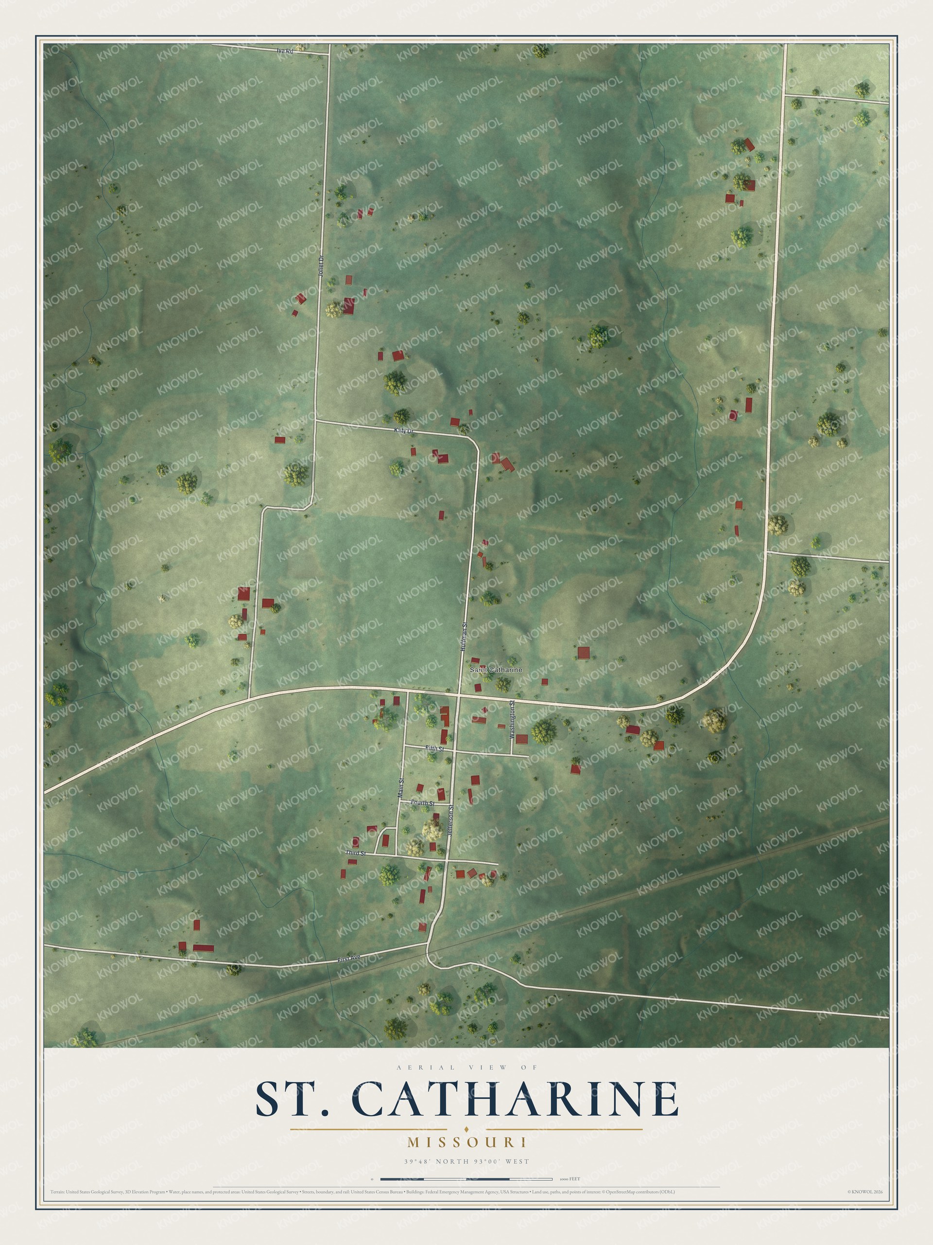 Full map of St. Catharine, Missouri, with red buildings, printed street names and the land around them