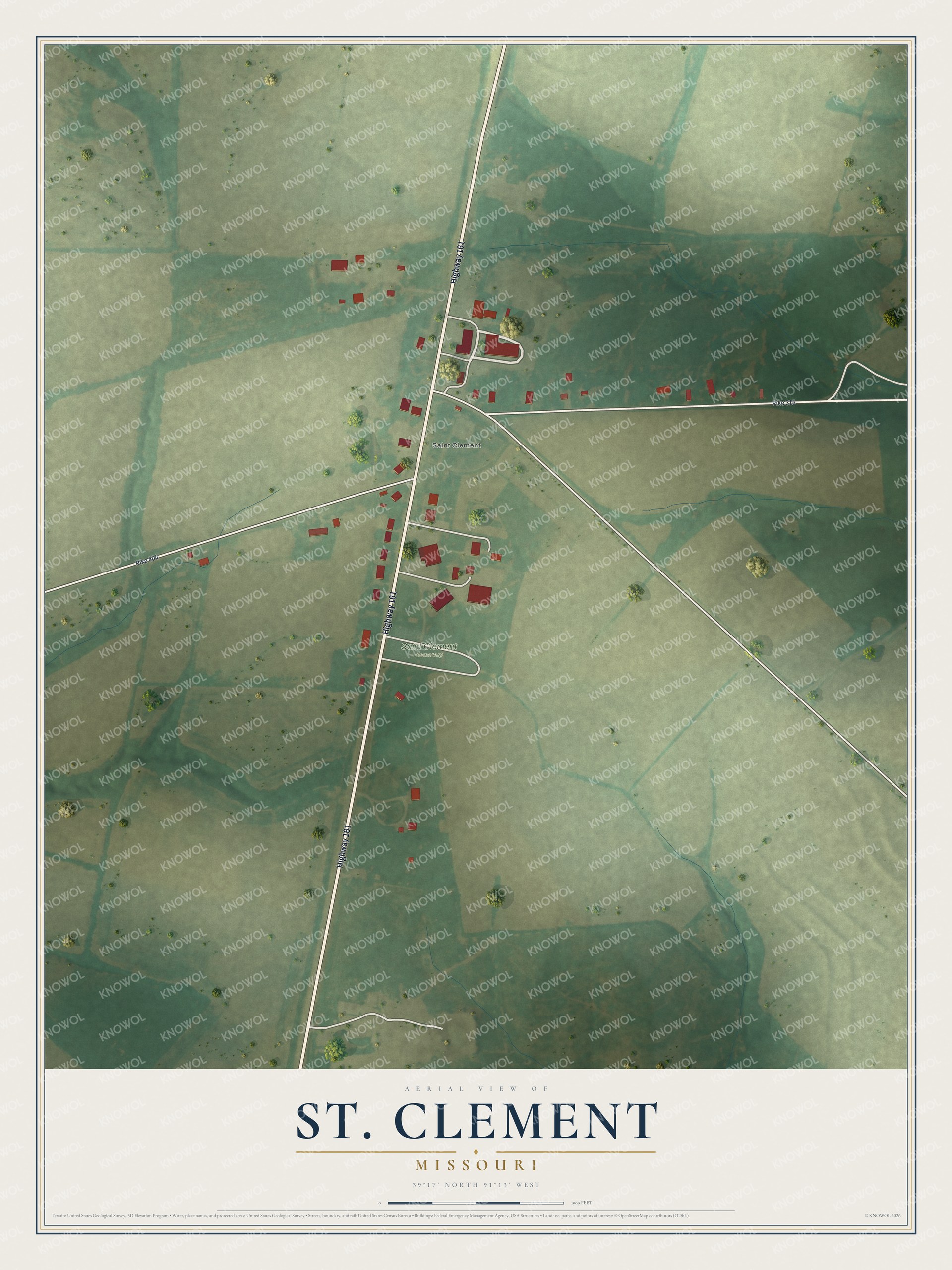 Full map of St. Clement, Missouri, with red buildings, printed street names and the land around them