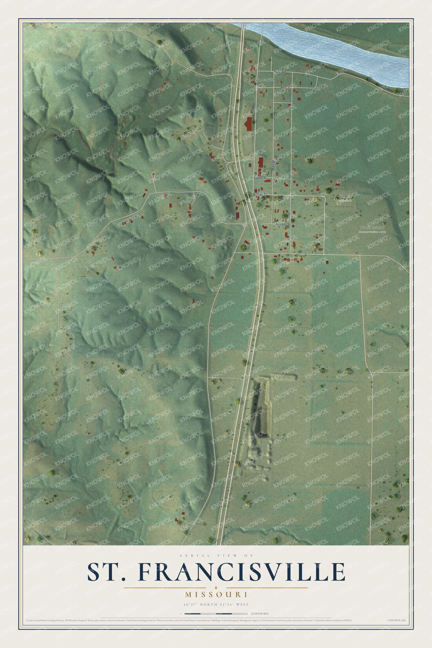 Full map of St. Francisville, Missouri, with red buildings, printed street names and the land around them