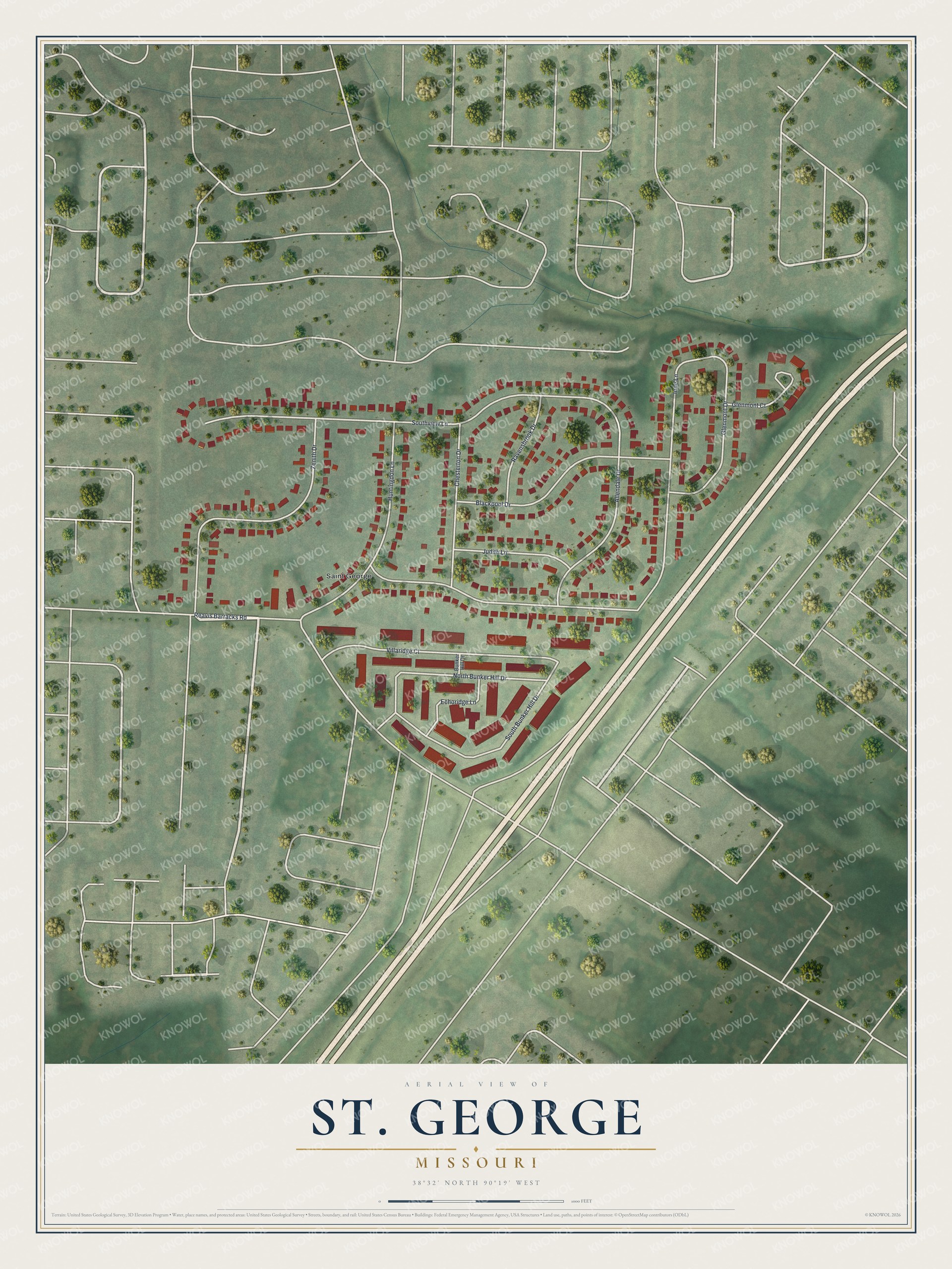 Full map of St. George, Missouri, with red buildings, printed street names and the land around them