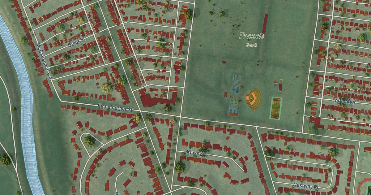 Close-up of streets and buildings in St. Louis Hills, Missouri