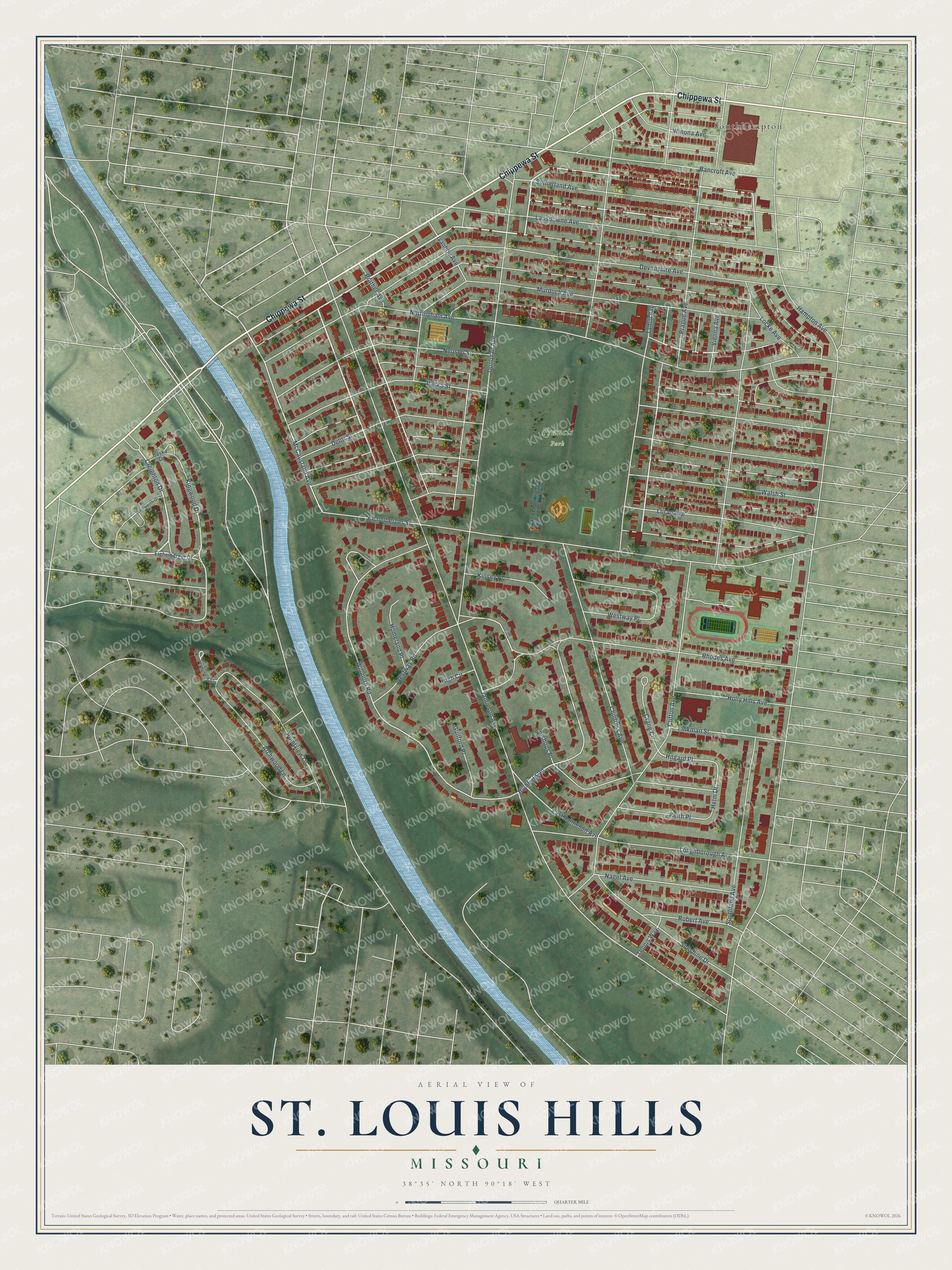 Full map of St. Louis Hills, Missouri, with red buildings, printed street names and the land around them