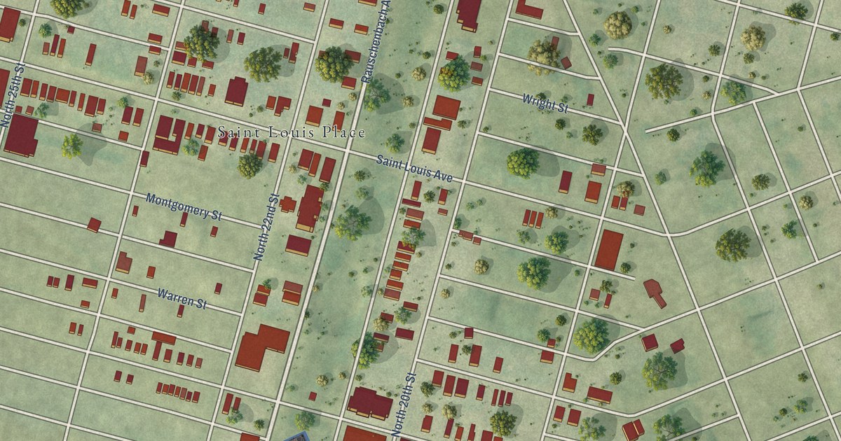 Close-up of streets and buildings in St. Louis Place, Missouri