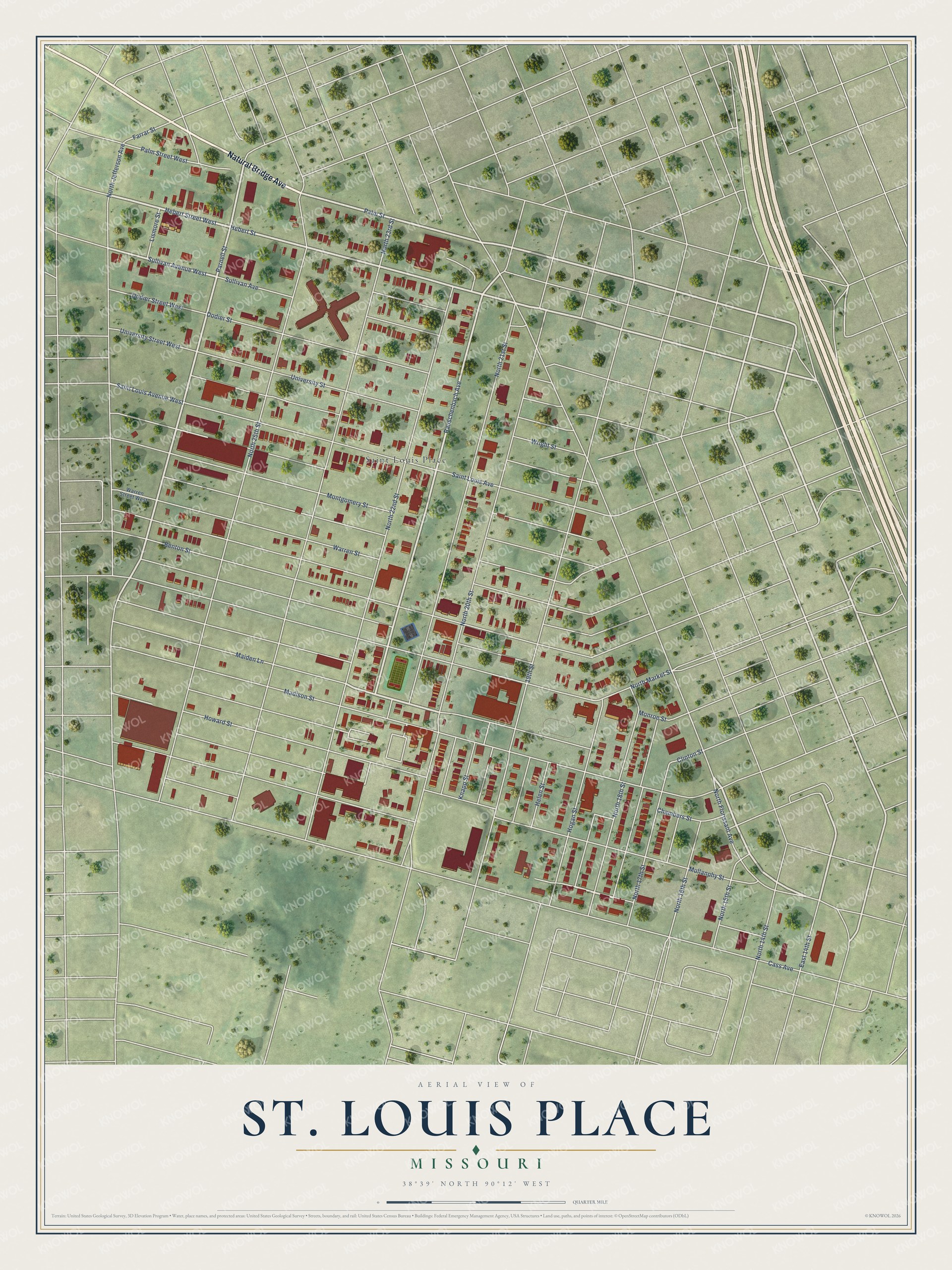 Full map of St. Louis Place, Missouri, with red buildings, printed street names and the land around them