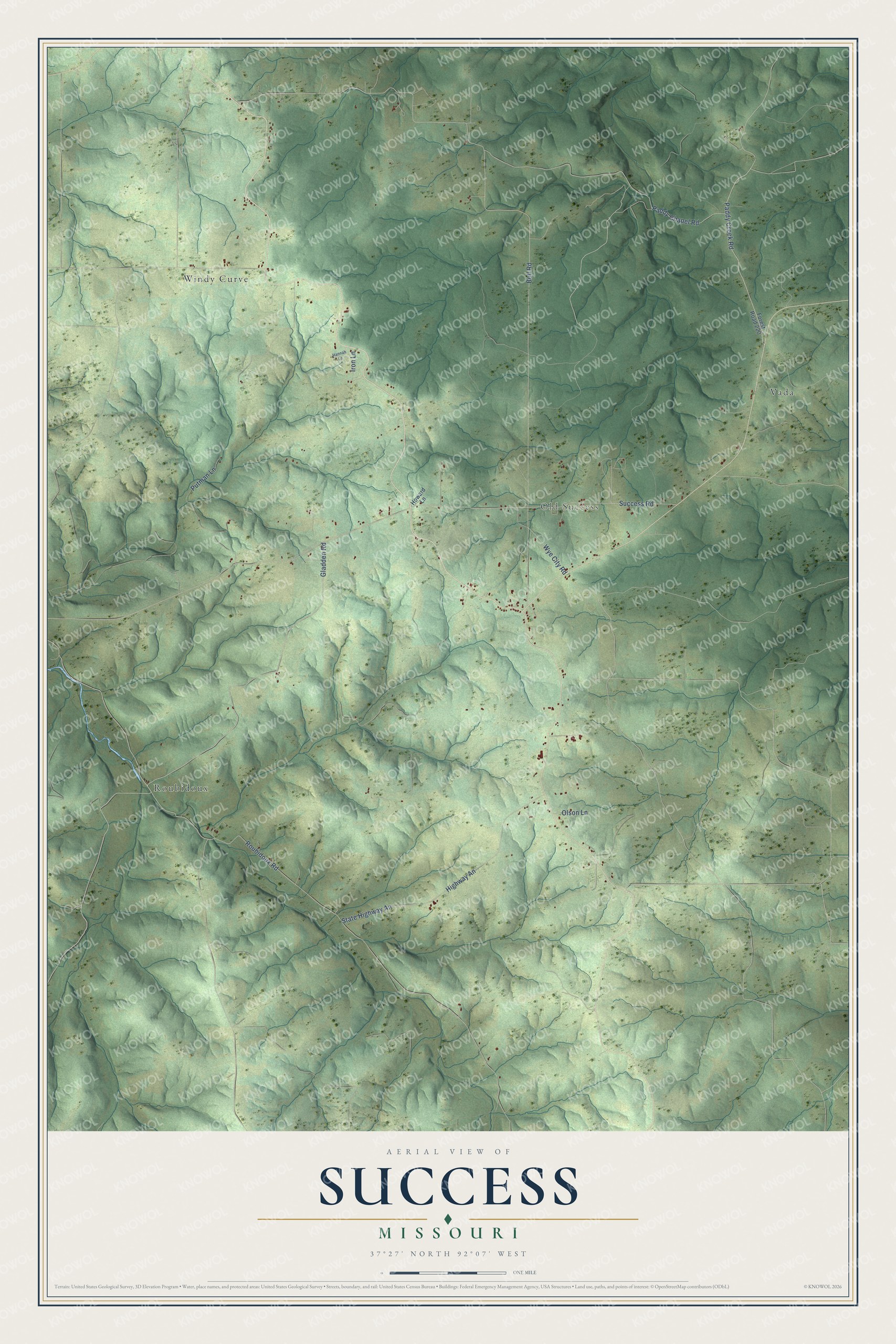 Full map of Success, Missouri, with red buildings, printed street names and the land around them