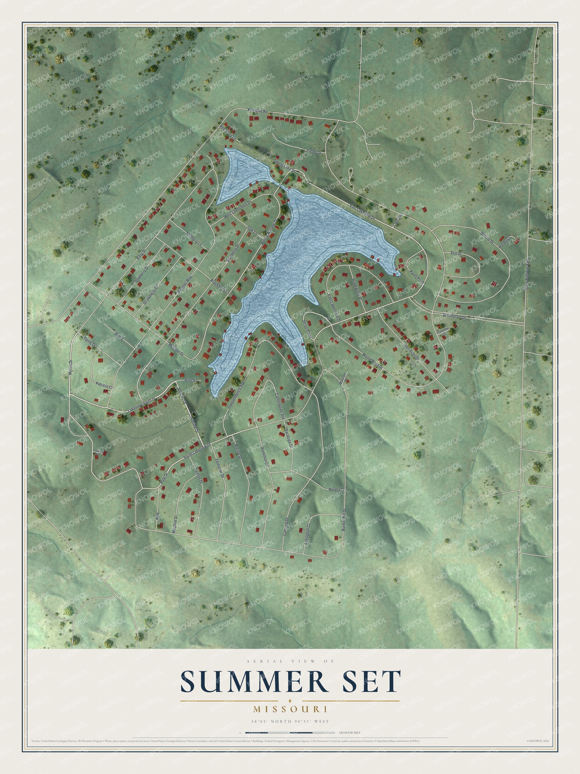 Full map of Summer Set, Missouri, with red buildings, printed street names and the land around them
