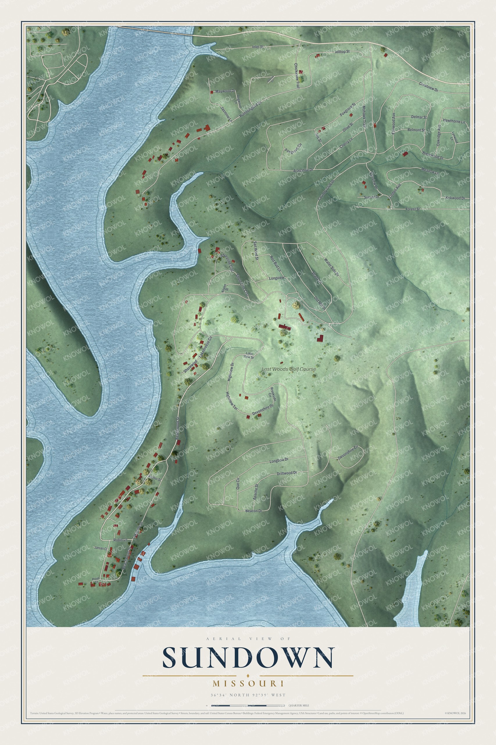 Full map of Sundown, Missouri, with red buildings, printed street names and the land around them