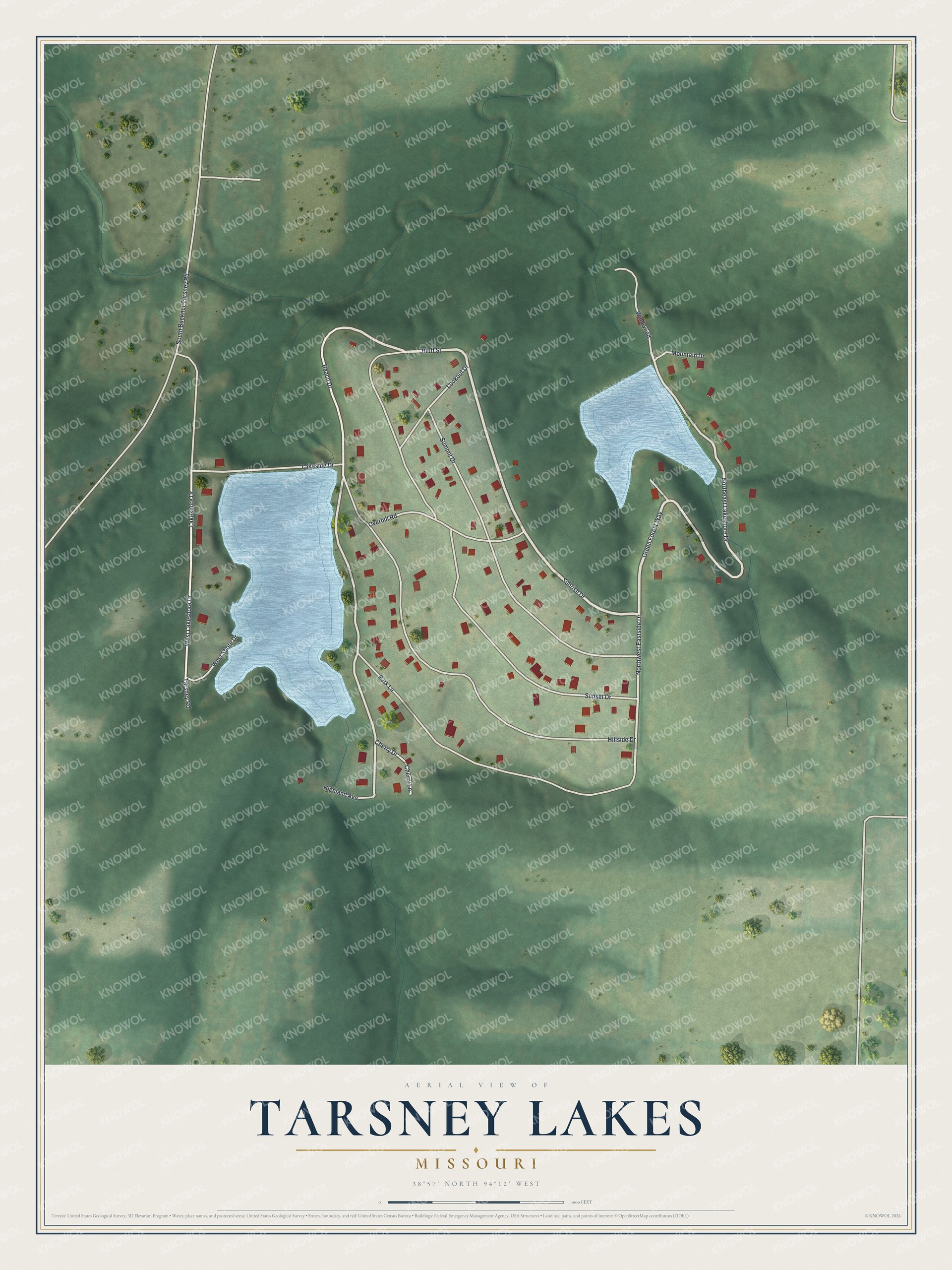 Full map of Tarsney Lakes, Missouri, with red buildings, printed street names and the land around them