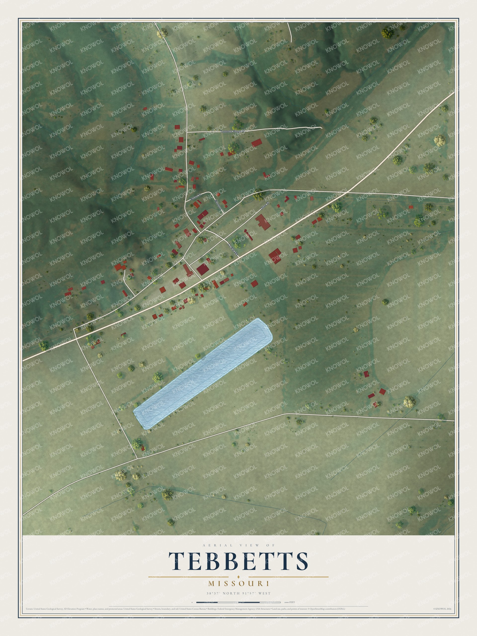 Full map of Tebbetts, Missouri, with red buildings, printed street names and the land around them