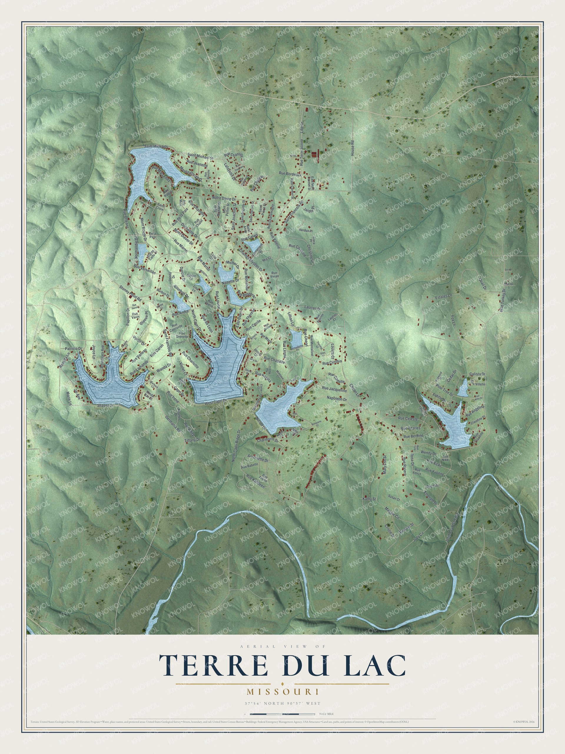 Full map of Terre du Lac, Missouri, with red buildings, printed street names and the land around them