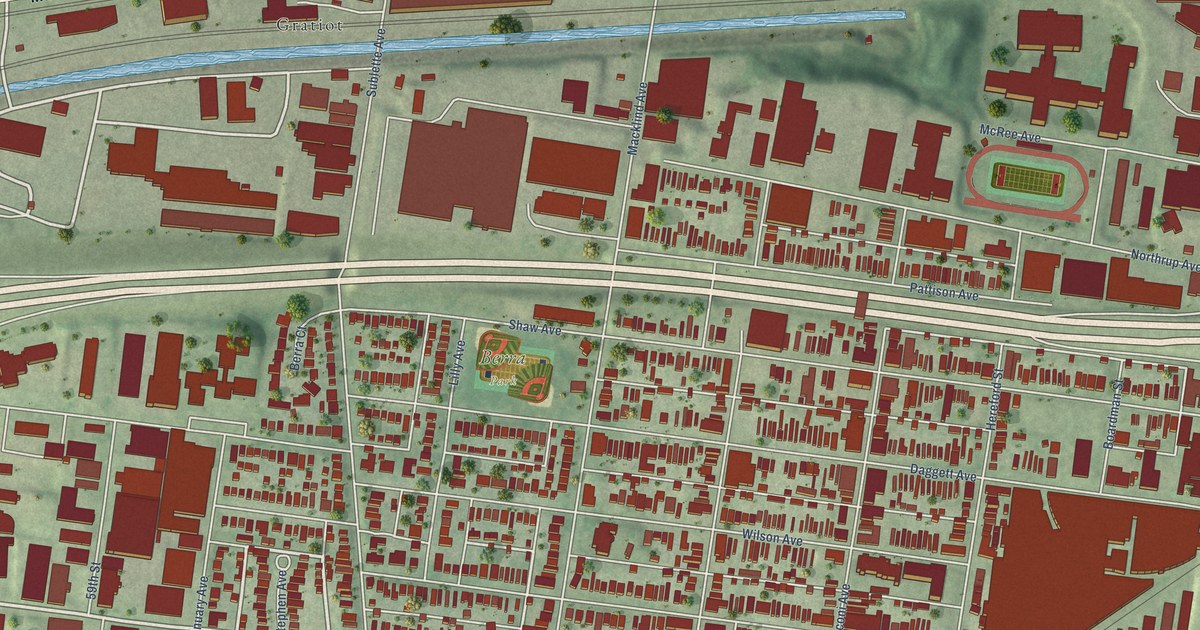 Close-up of streets and buildings in The Hill, Missouri