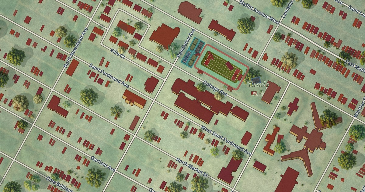 Close-up of streets and buildings in The Ville, Missouri