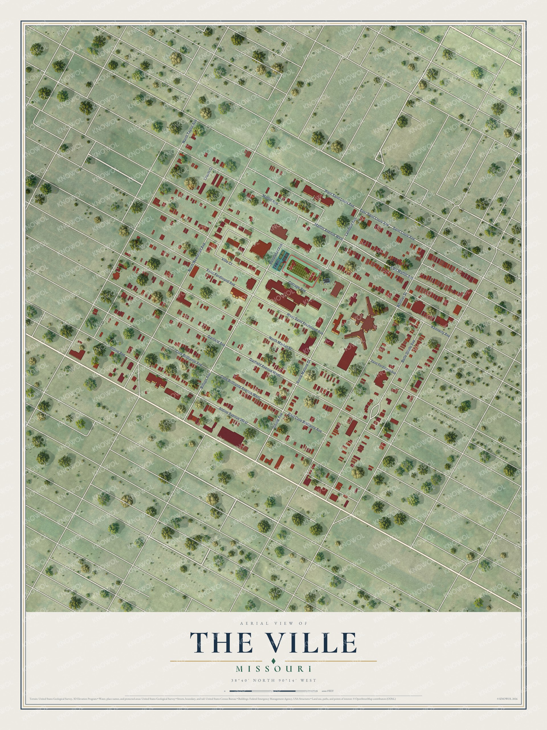 Full map of The Ville, Missouri, with red buildings, printed street names and the land around them