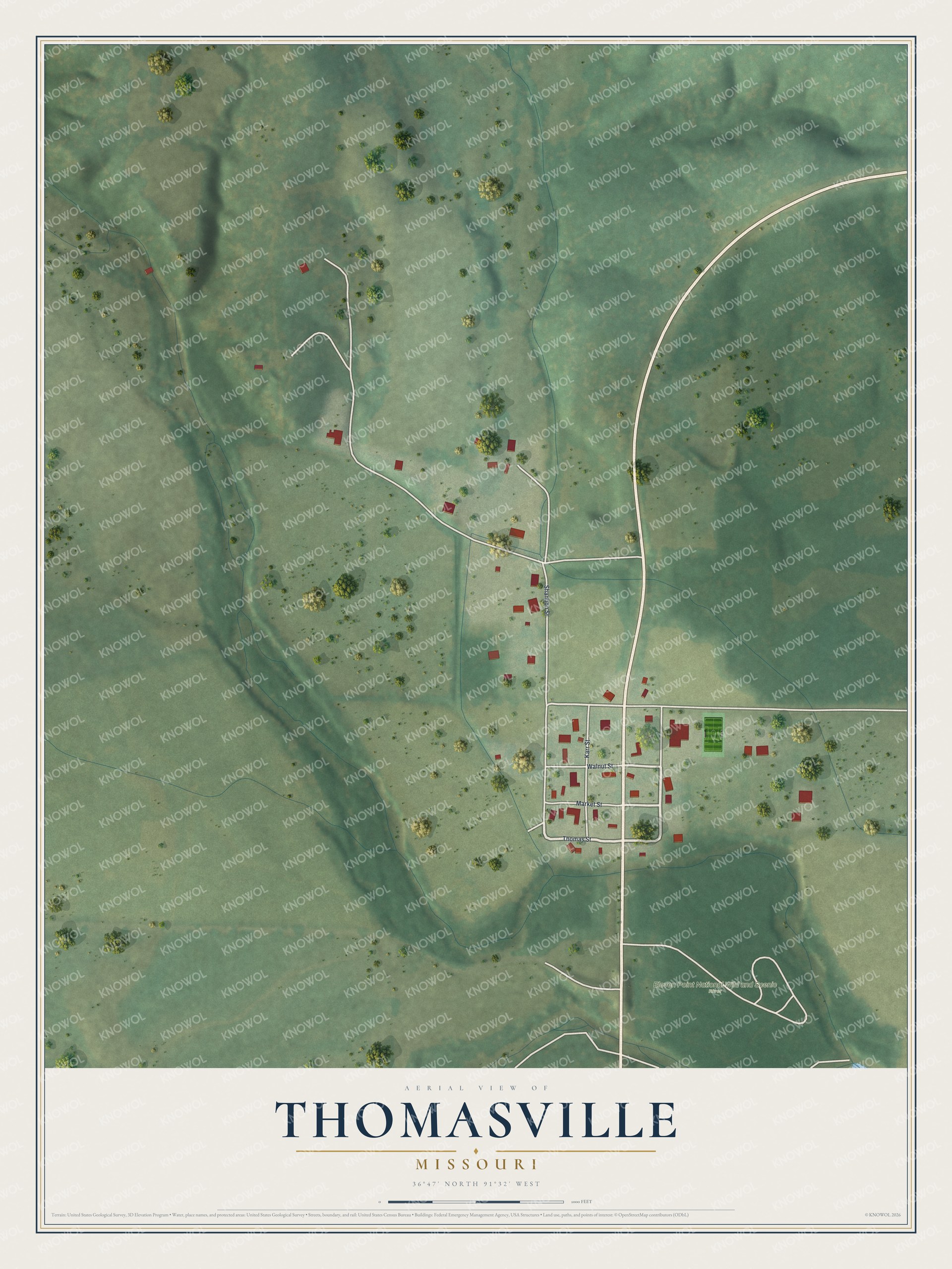 Full map of Thomasville, Missouri, with red buildings, printed street names and the land around them