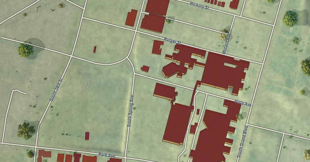 Close-up of streets and buildings in Tiffany, Missouri