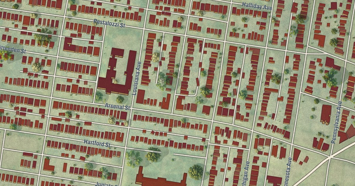 Close-up of streets and buildings in Tower Grove East, Missouri