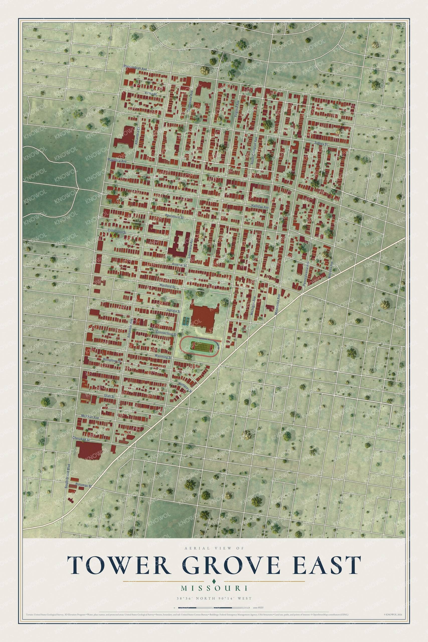Full map of Tower Grove East, Missouri, with red buildings, printed street names and the land around them
