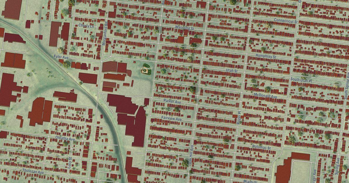 Close-up of streets and buildings in Tower Grove South, Missouri