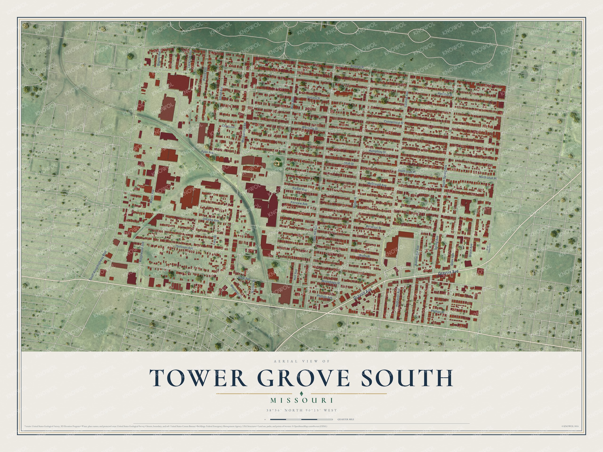 Full map of Tower Grove South, Missouri, with red buildings, printed street names and the land around them