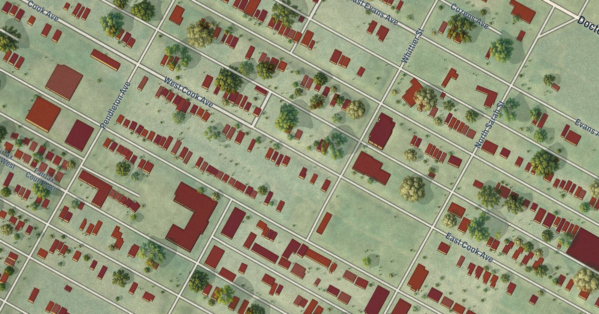 Close-up of streets and buildings in Vandeventer, Missouri
