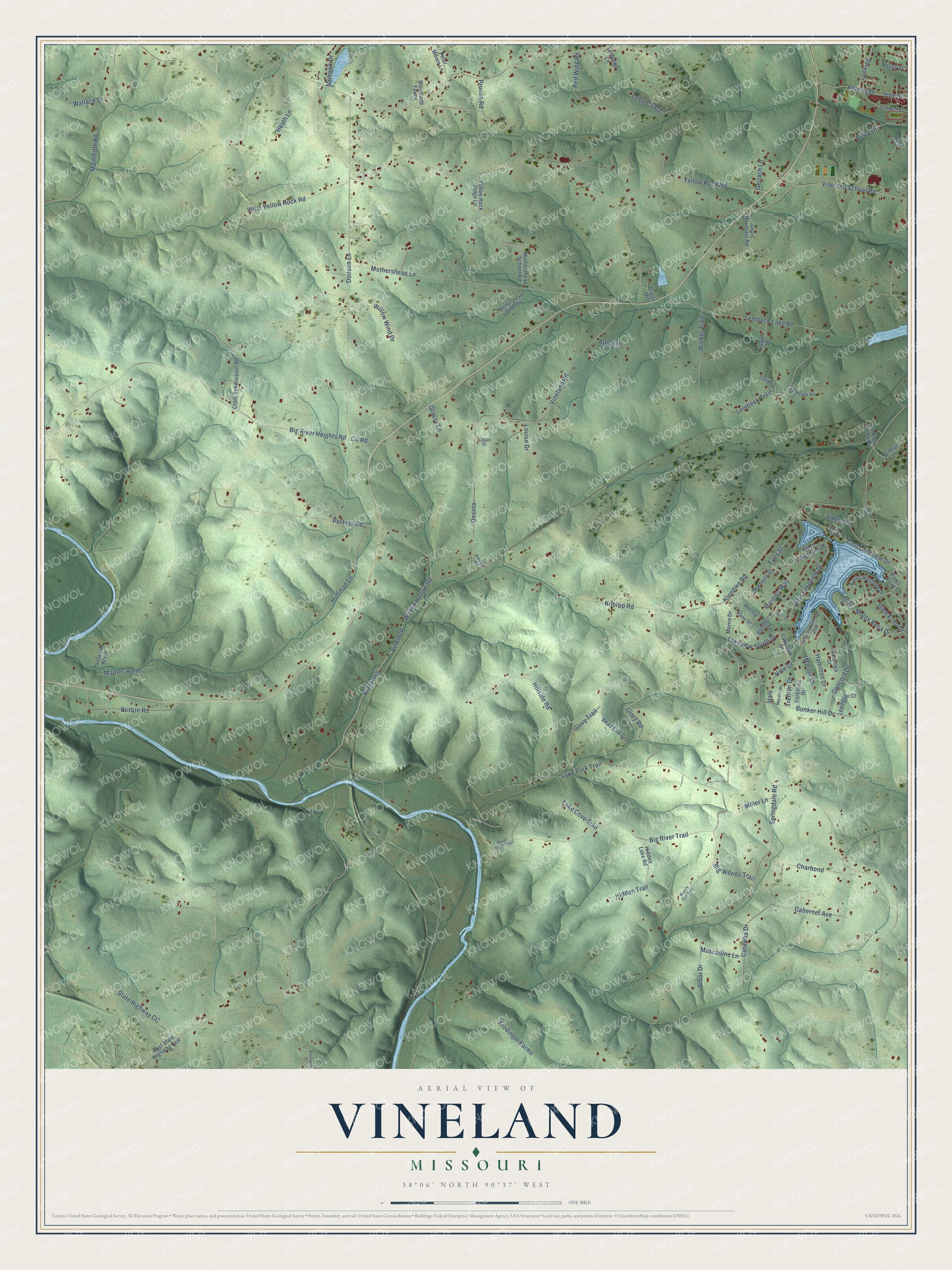 Full map of Vineland, Missouri, with red buildings, printed street names and the land around them