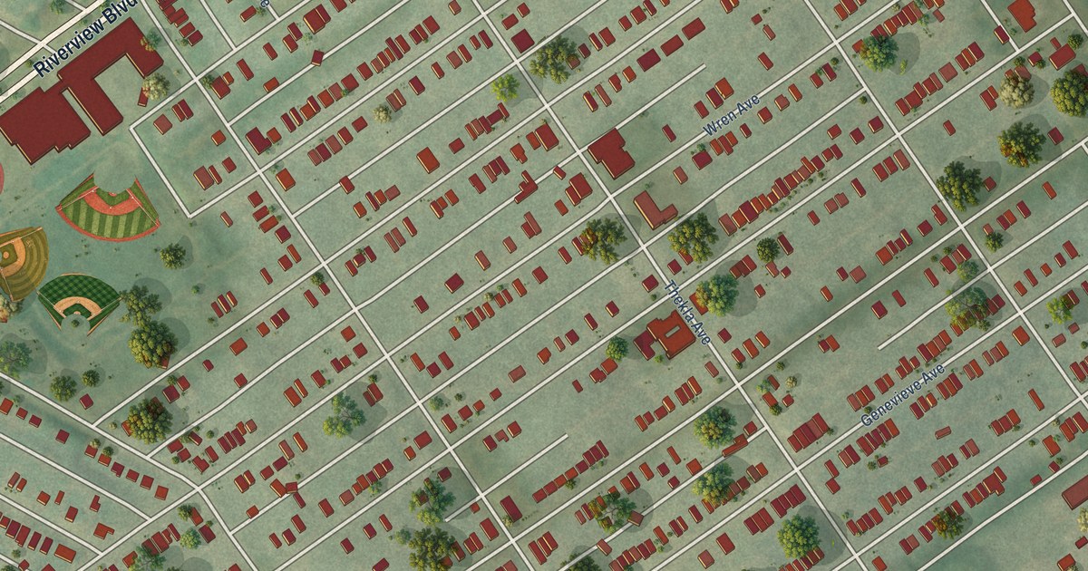 Close-up of streets and buildings in Walnut Park East, Missouri