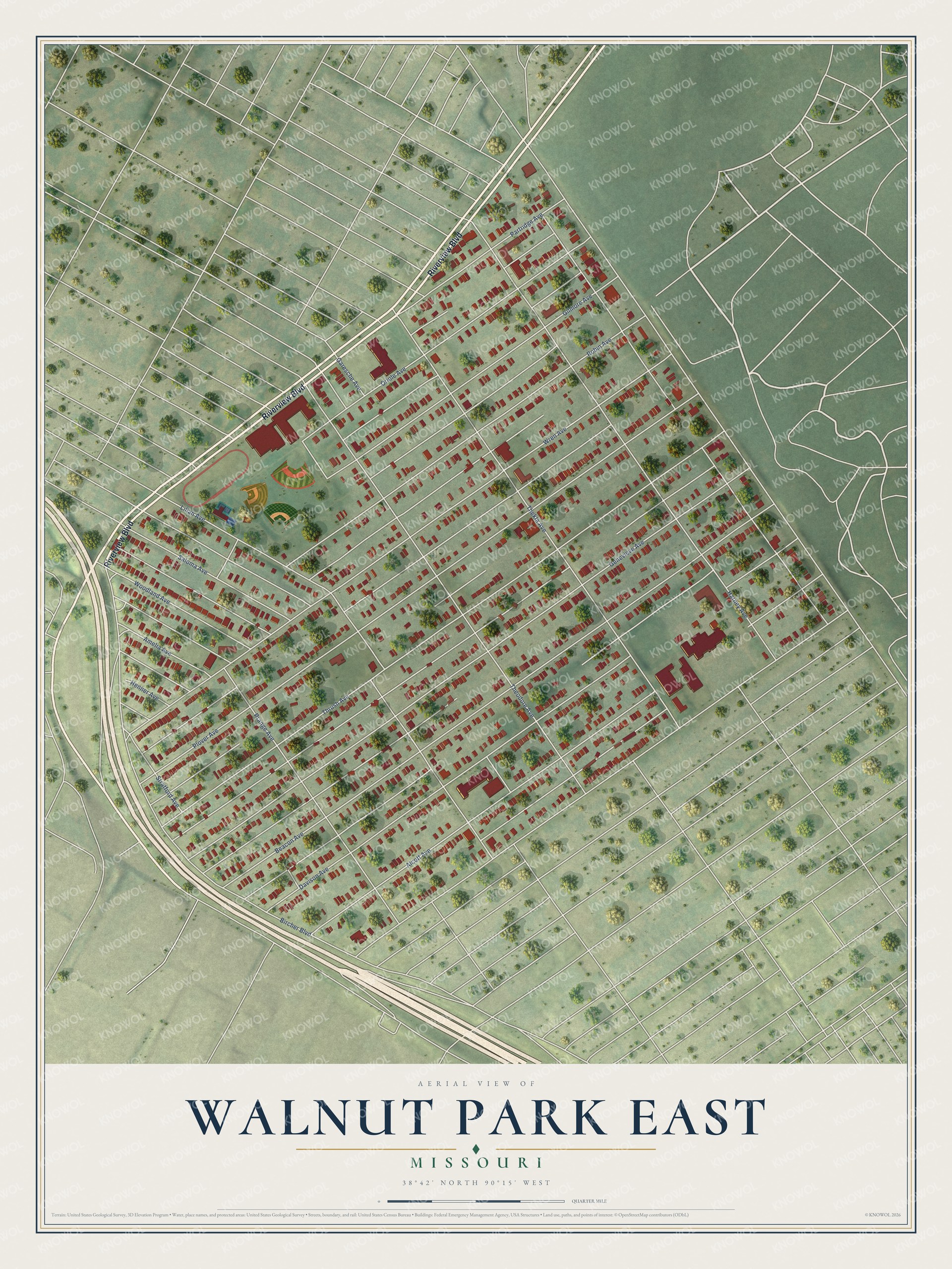 Full map of Walnut Park East, Missouri, with red buildings, printed street names and the land around them
