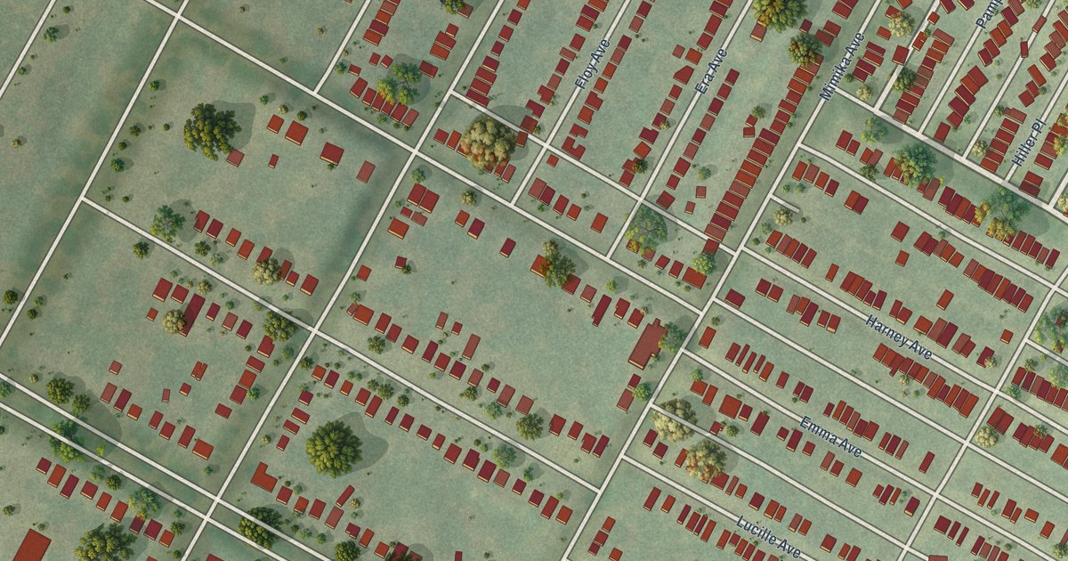 Close-up of streets and buildings in Walnut Park West, Missouri