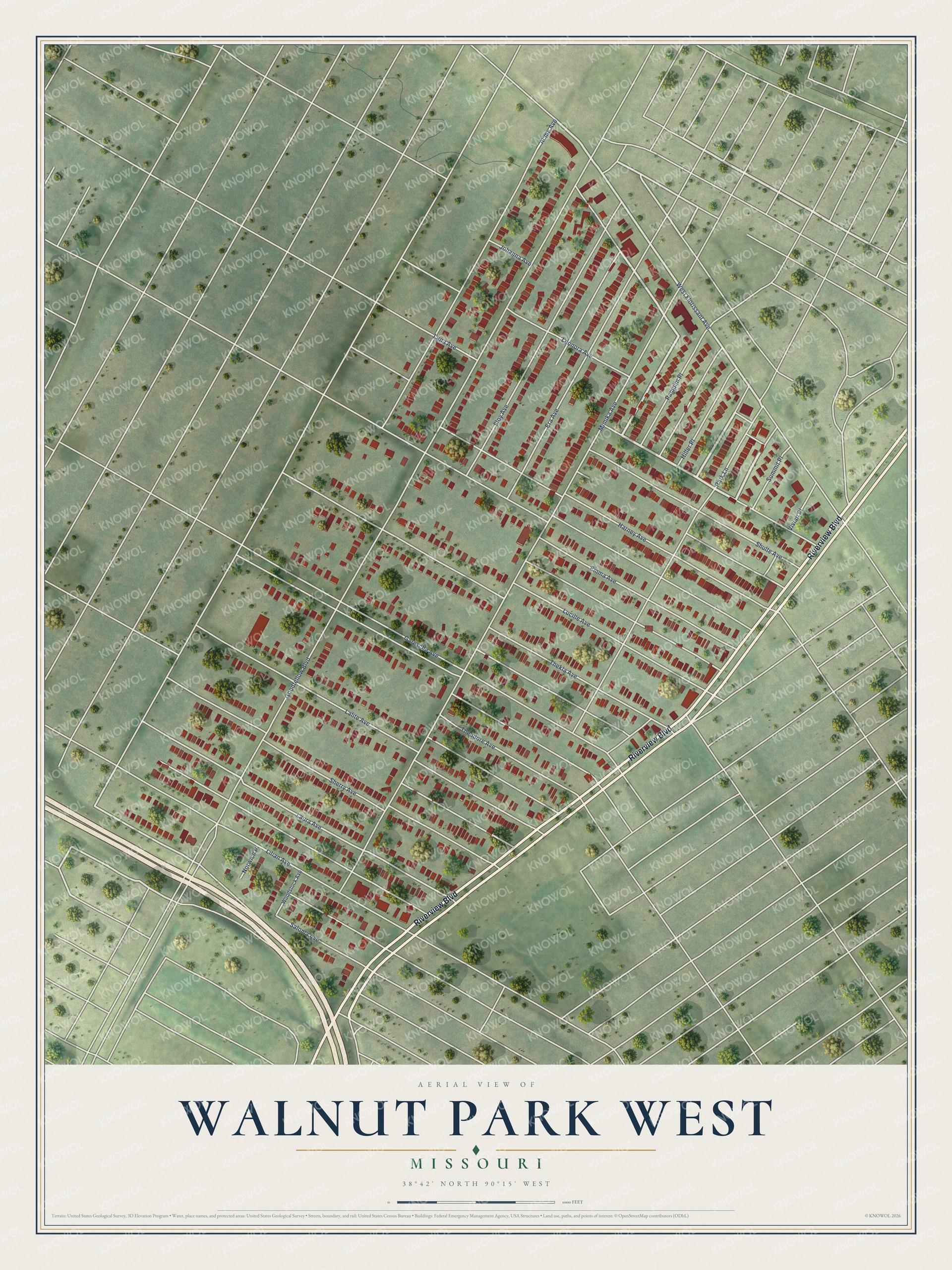 Full map of Walnut Park West, Missouri, with red buildings, printed street names and the land around them