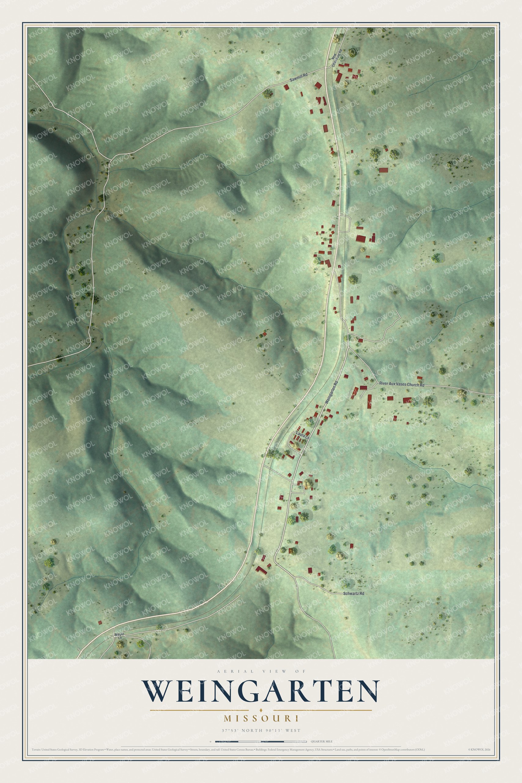Full map of Weingarten, Missouri, with red buildings, printed street names and the land around them