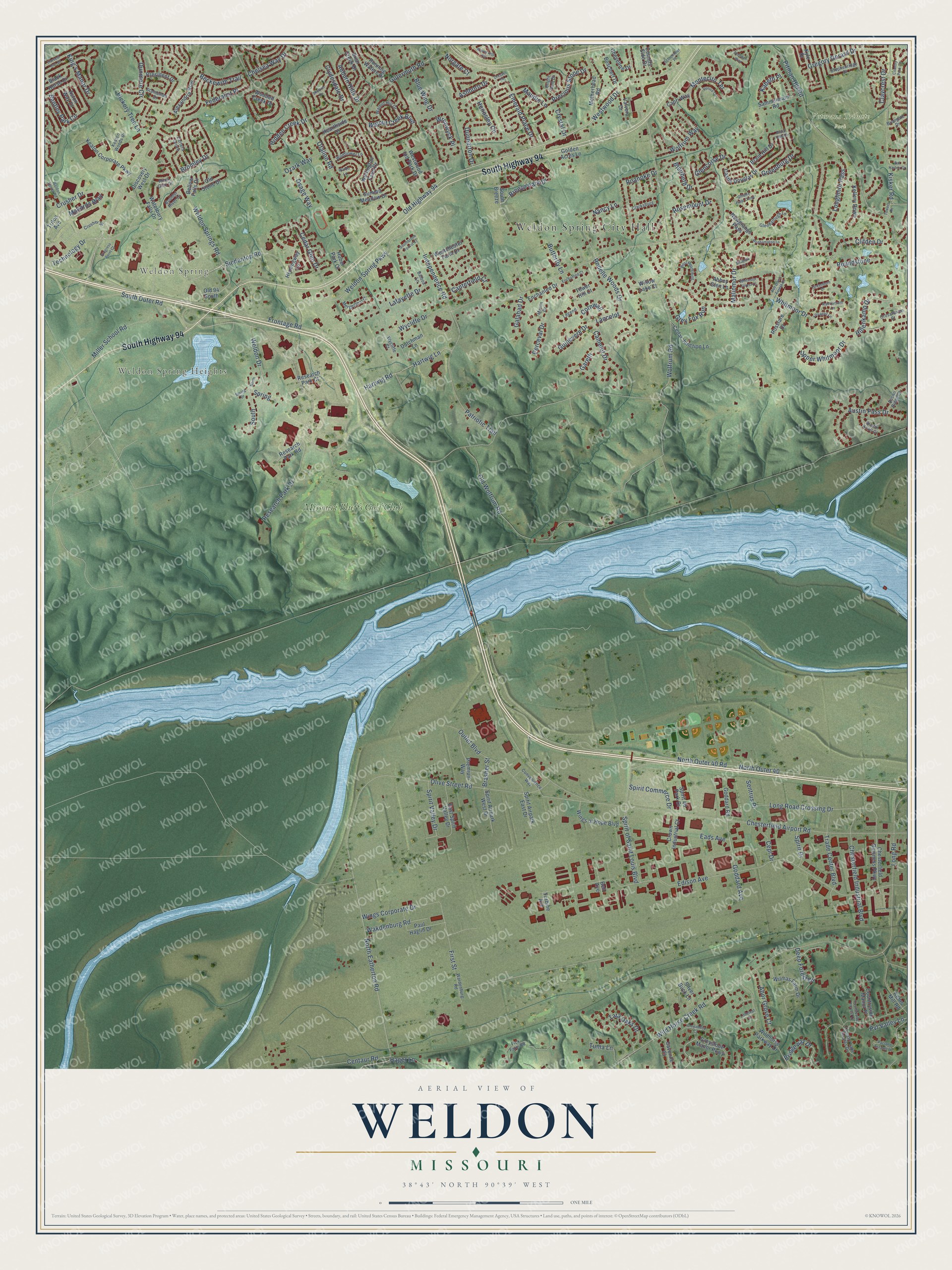 Full map of Weldon, Missouri, with red buildings, printed street names and the land around them