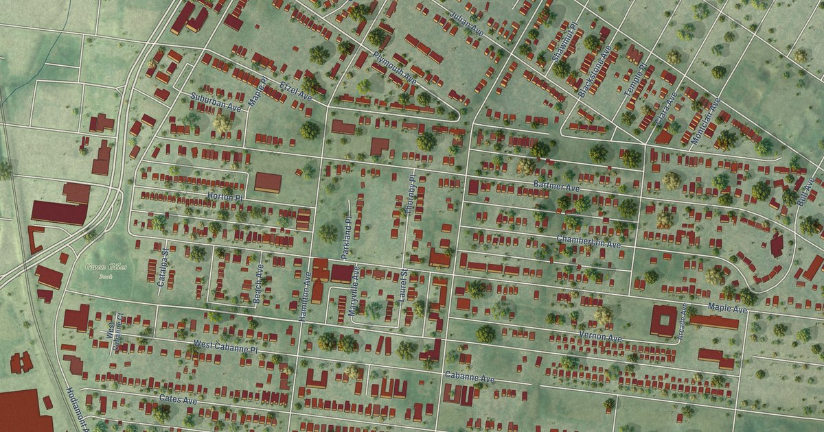 Close-up of streets and buildings in West End, Missouri