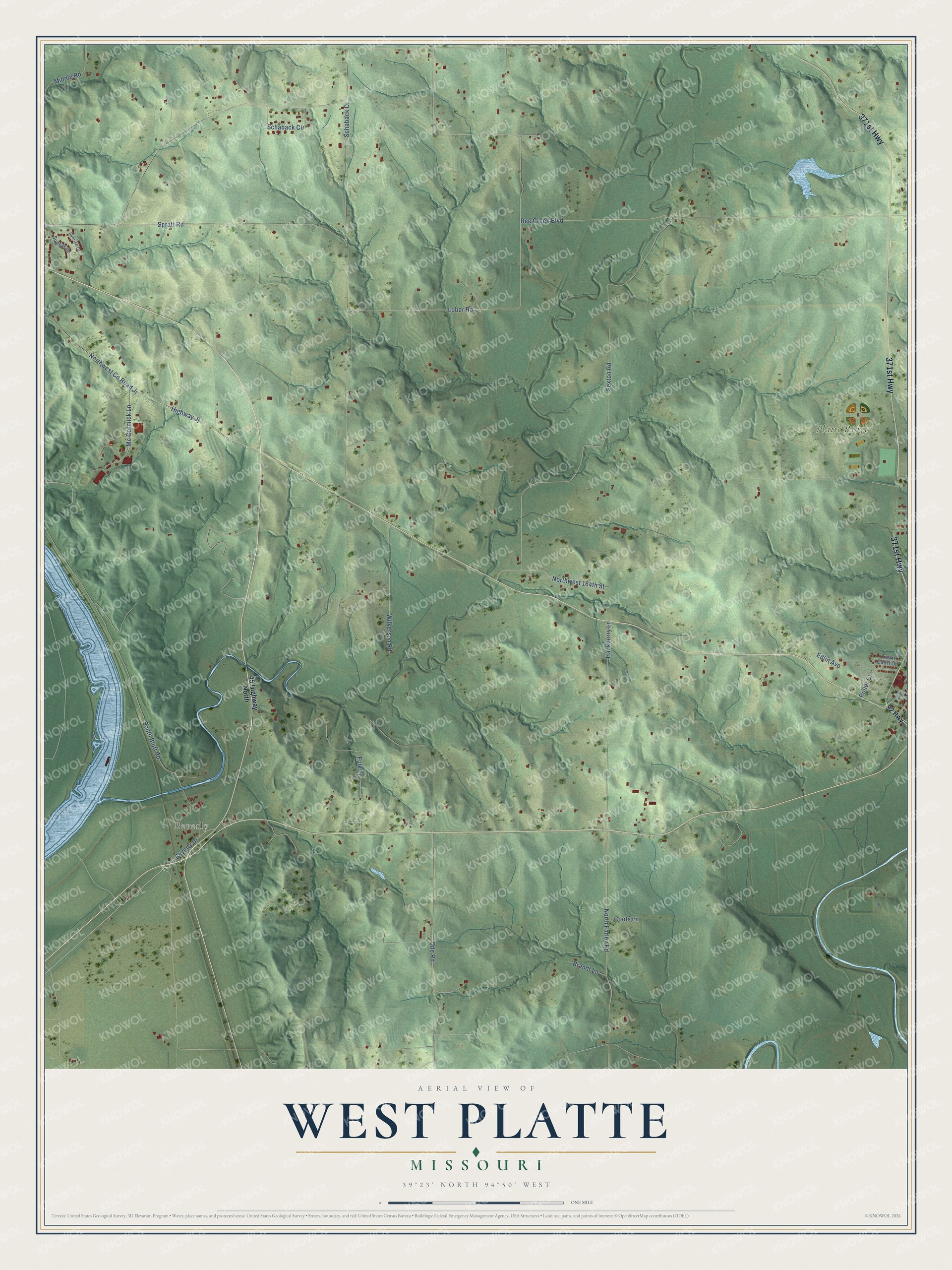 Full map of West Platte, Missouri, with red buildings, printed street names and the land around them