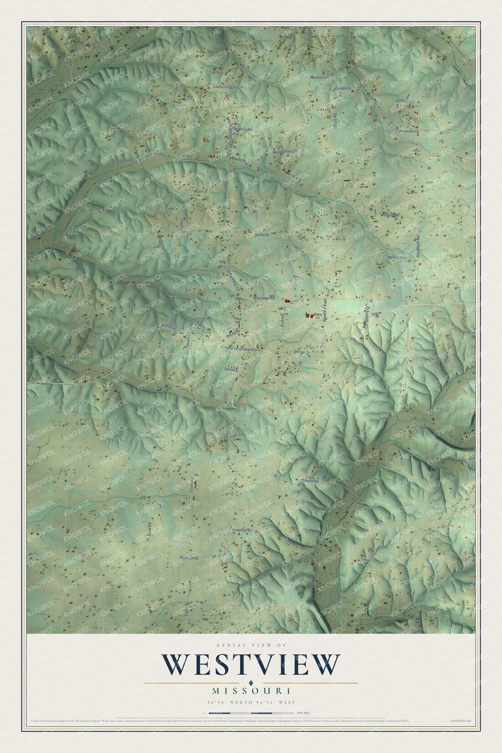 Full map of Westview, Missouri, with red buildings, printed street names and the land around them