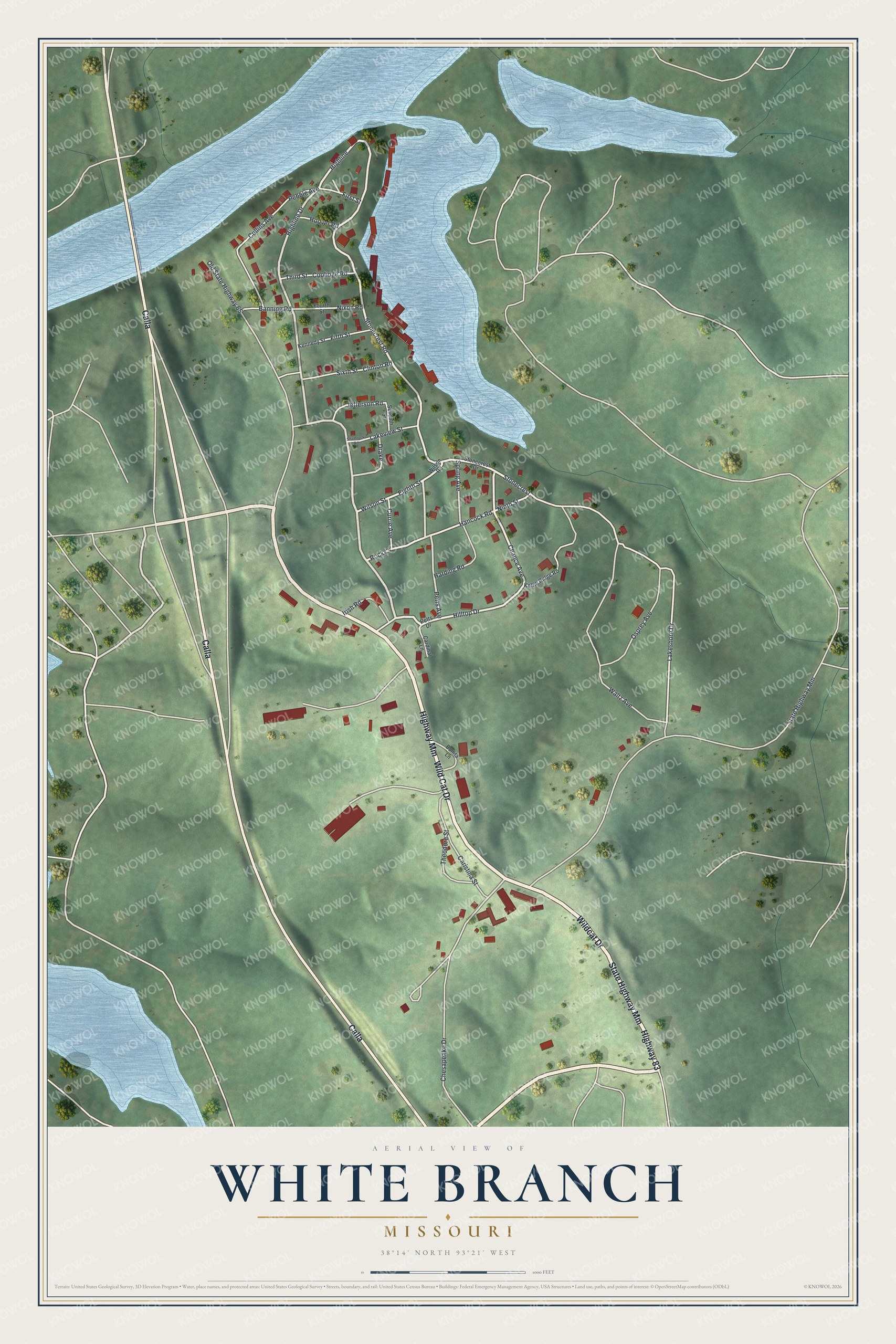 Full map of White Branch, Missouri, with red buildings, printed street names and the land around them