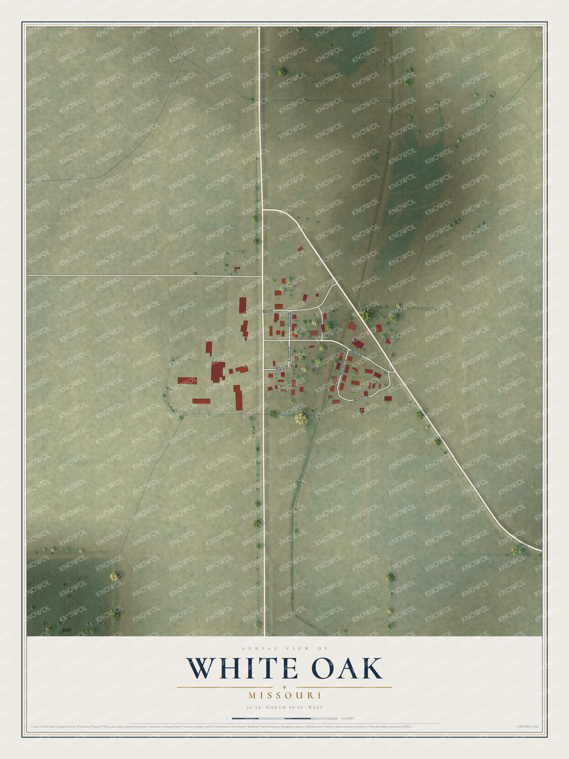 Full map of White Oak, Missouri, with red buildings, printed street names and the land around them