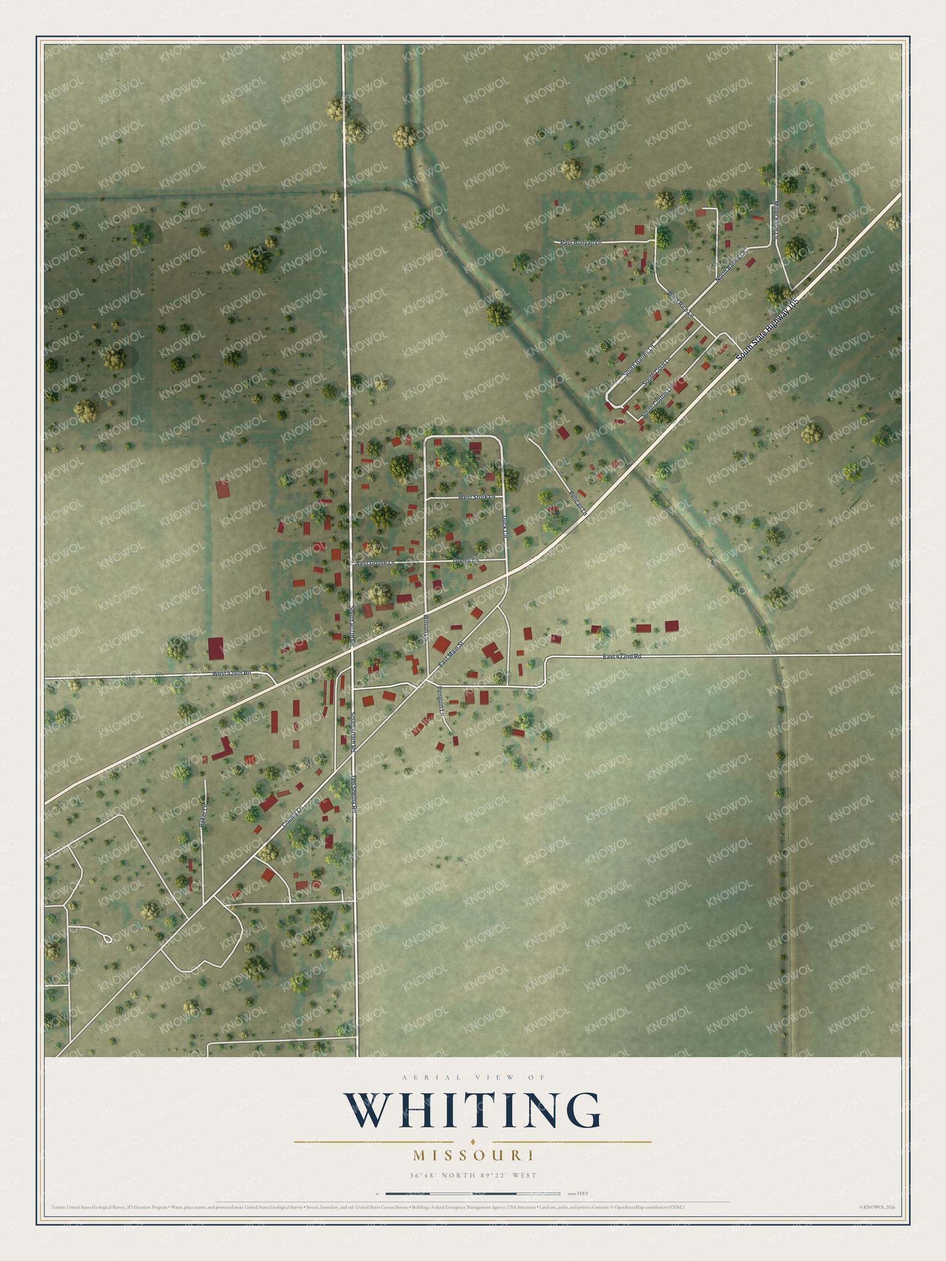 Full map of Whiting, Missouri, with red buildings, printed street names and the land around them
