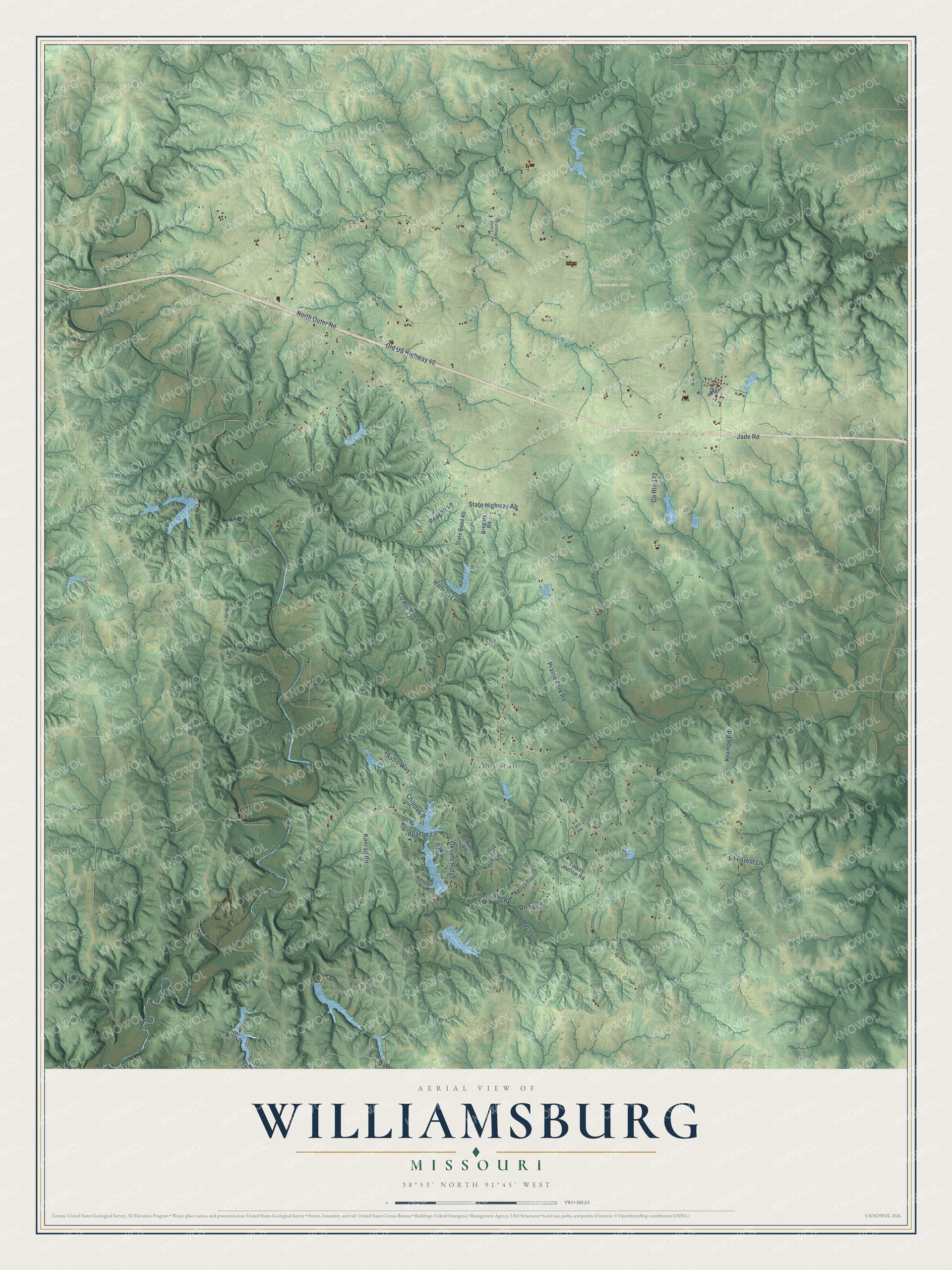 Full map of Williamsburg, Missouri, with red buildings, printed street names and the land around them