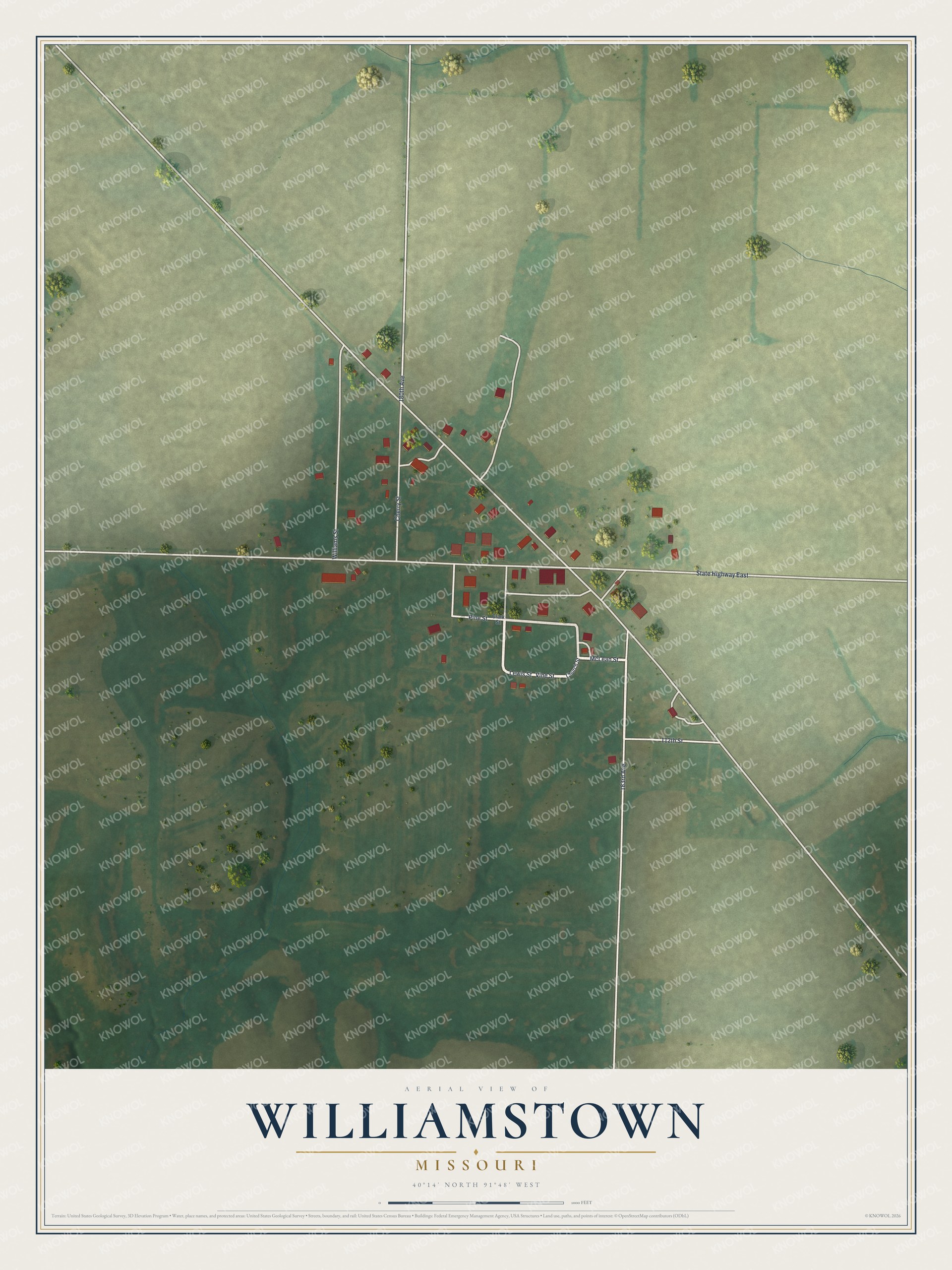 Full map of Williamstown, Missouri, with red buildings, printed street names and the land around them